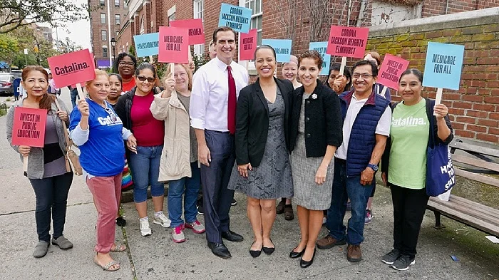 State Sen. Michael Gianaris and Assembly Member Aravella Simotas endorsed Catalina Cruz for State Assembly at a press conference in Jackson Heights Monday. // Photo courtesy of the Cruz campaign