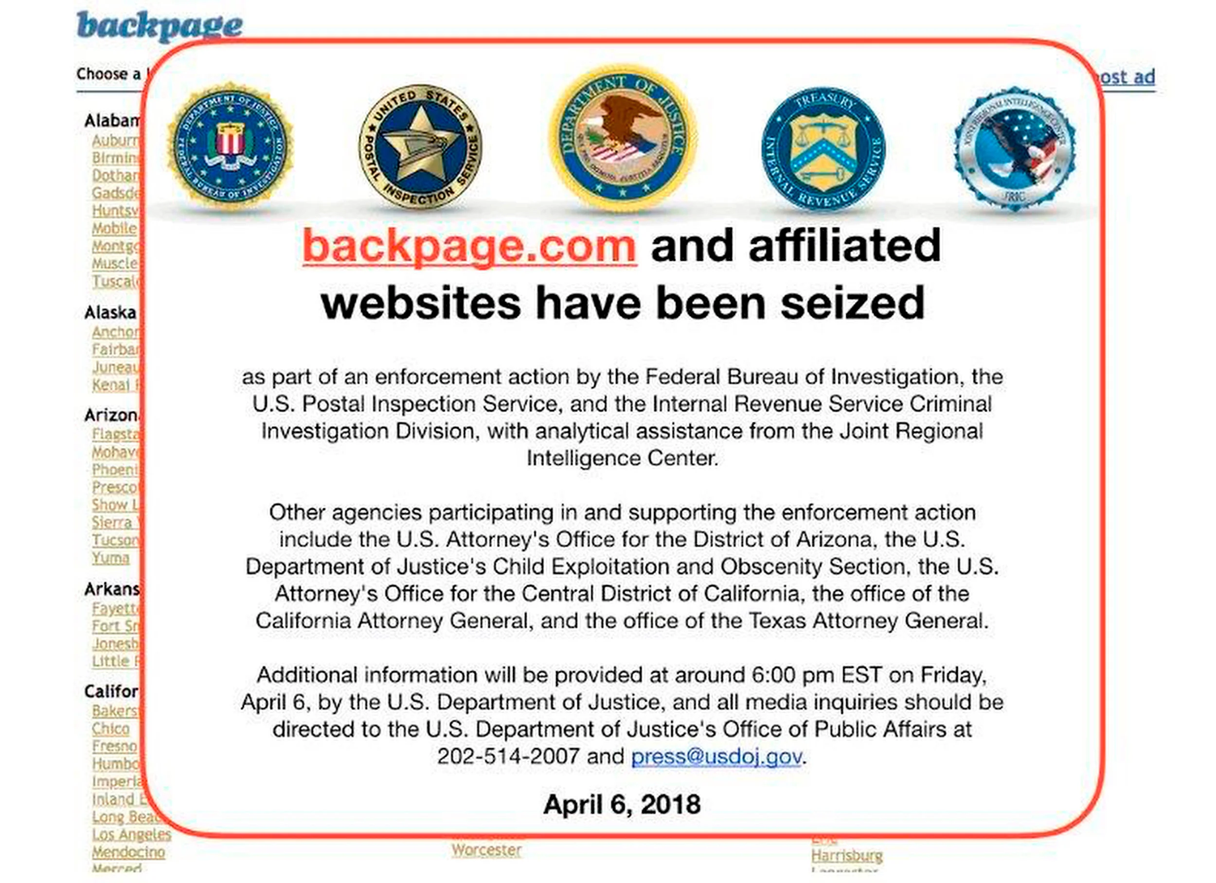 This April 6, 2018, file photo shows an FBI notice on the Backpage.com website. Photo courtesy of AP.