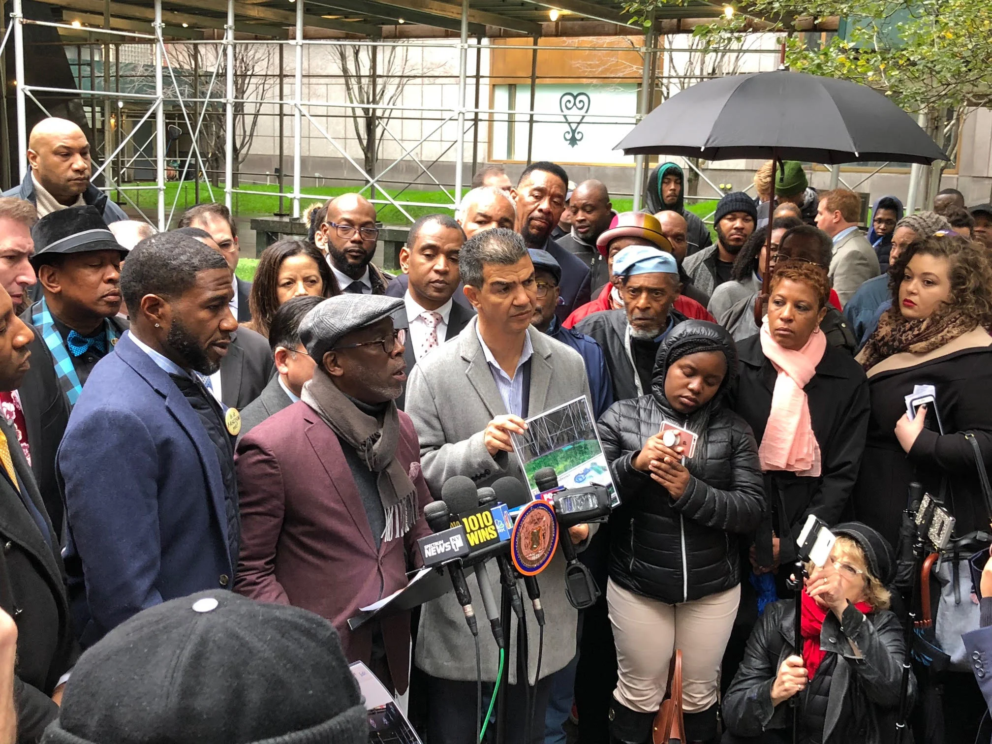 Councilmembers Jumaane Williams (left) I. Daneek Miller (center) and Ydanis Rodriguez (right) condemn racist vandalism at the African Burial Ground Monument in Lower Manhattan. Photo courtesy of I. Daneek Miller.
