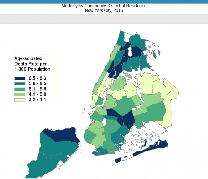 Death rate by community district. Map courtesy of NYC.