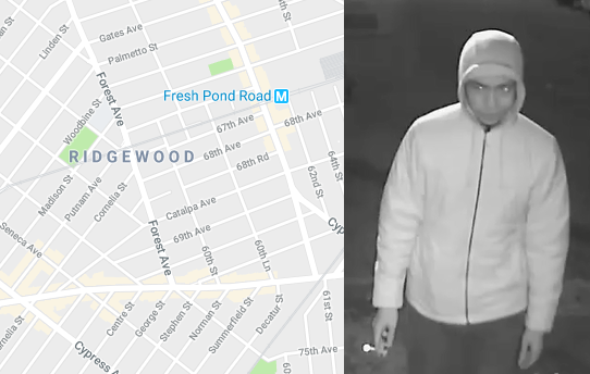 A still image of one of the three possible cross-borough armed robbers (right).Photo courtesy of NYPD. Left via Google Maps.