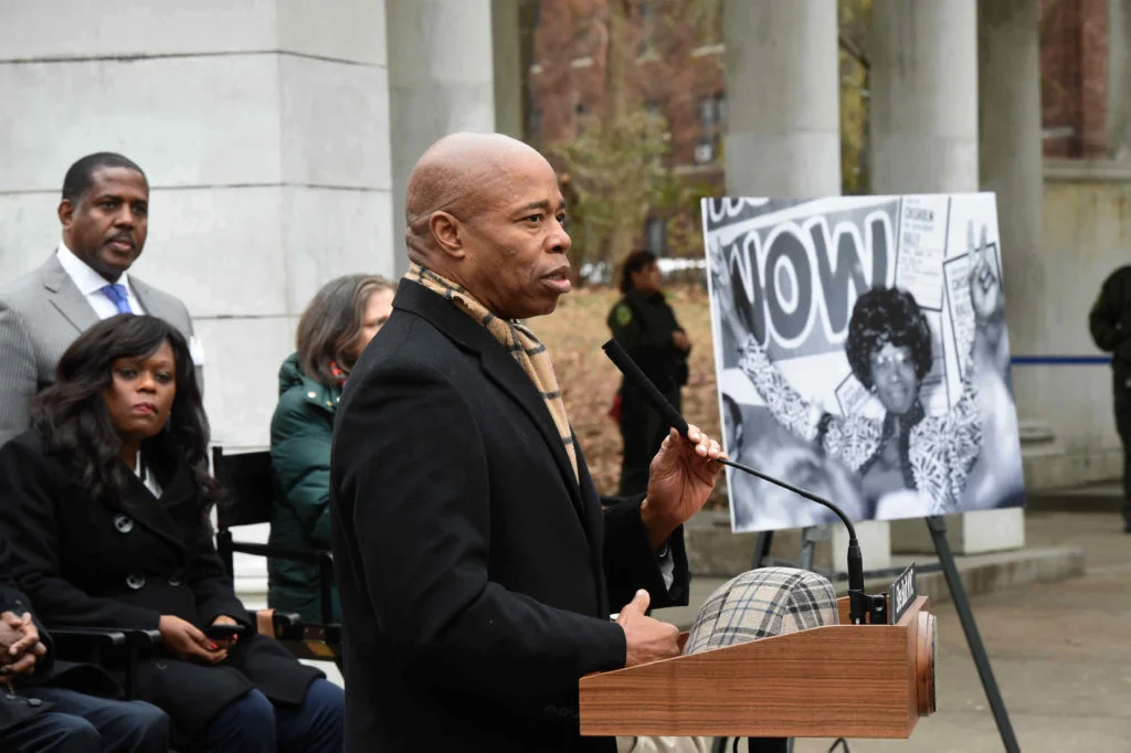 Borough President Eric Adams speaks about the legacy of Shirley Chisholm at Prospect Park. Eagle photos by Todd Maisel.