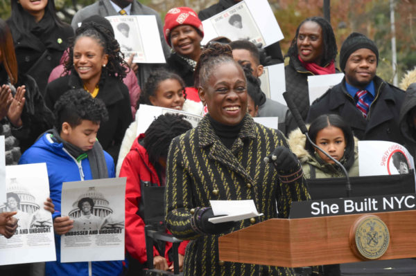 Chirlane McCray proudly announced statute site for Shirley Chisholm with many supporters.