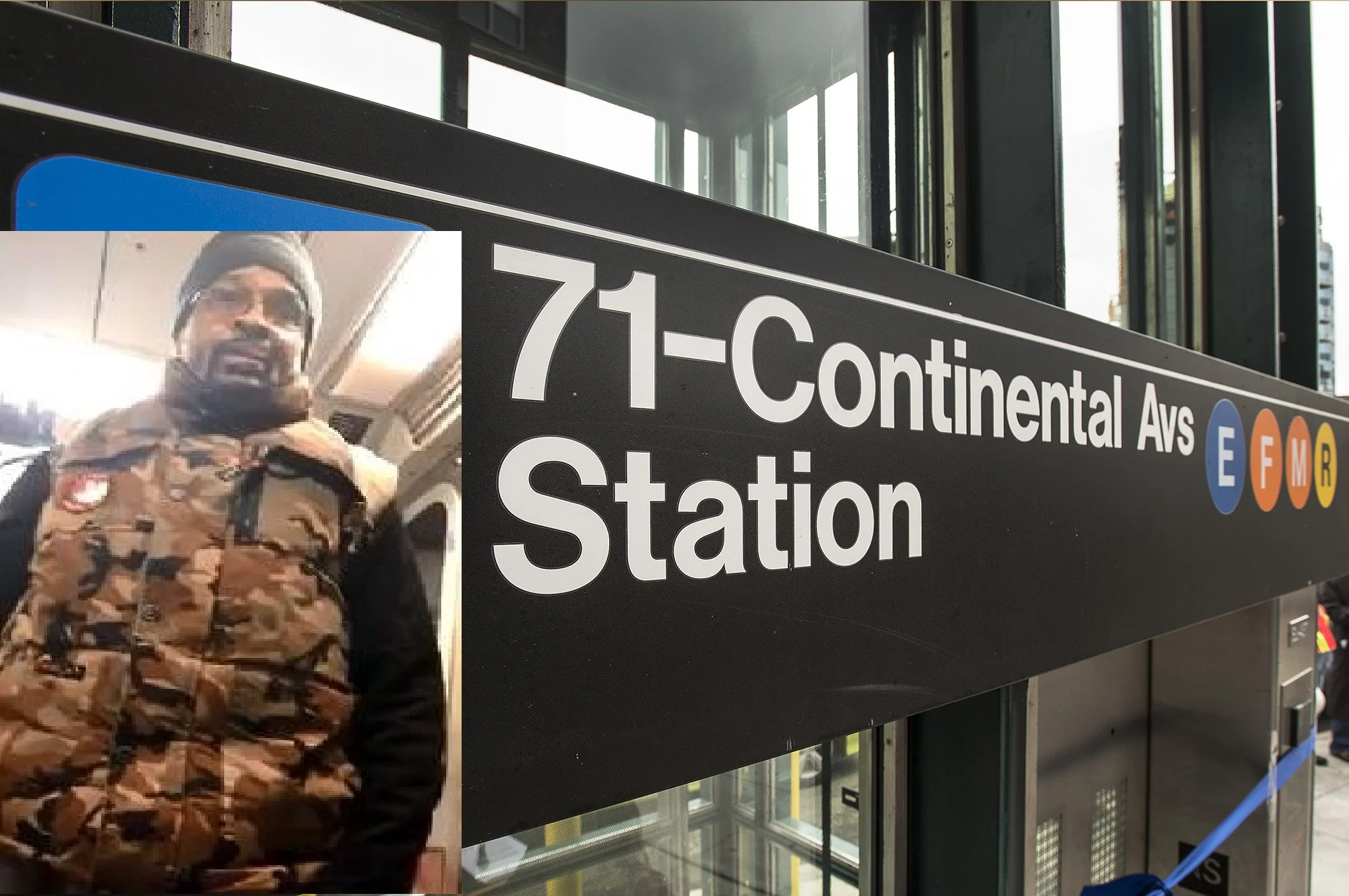 INSET: STILL IMAGE OF A SUSPECT WANTED FOR SERIOUSLY INJURING A WOMAN ON AN E TRAIN ON NOV. 30. PHOTO COURTESY OF THE NYPD. BACKGROUND IMAGE VIA THE MTA.