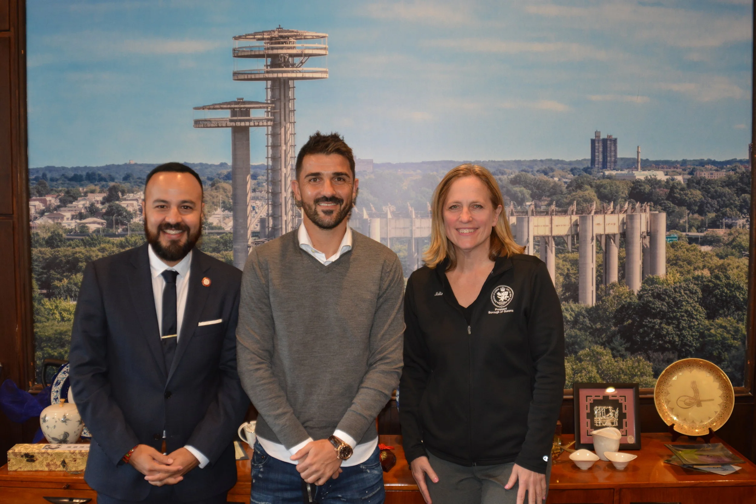 Soccer legend David Villa, who plays forward for NYCFC, met with Councilmember Francisco Moya and Queens Borough President Melinda Katz. According to the Borough President’s office, the three discussed the future of soccer, including a “proposal to build a 10,000- to 25,000-seat soccer stadium in the Willets Point redevelopment area that would serve as home for the Queensboro Football Club, a proposed new team that would play in the United Soccer League, a second division professional league.” Photo courtesy of Borough Hall