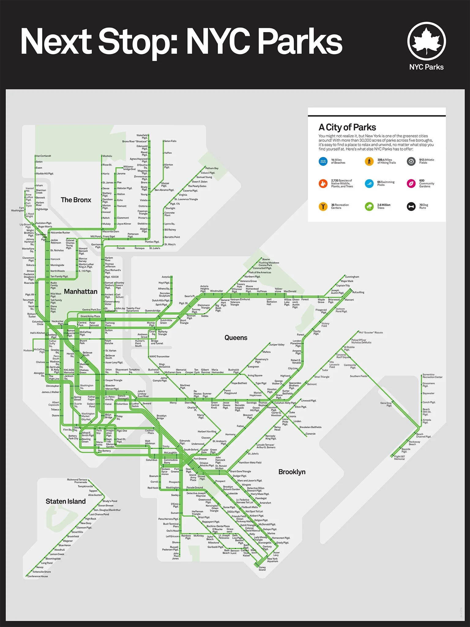 The New York City Parks Department’s take on the iconic New York City subway map features neighborhood parks.