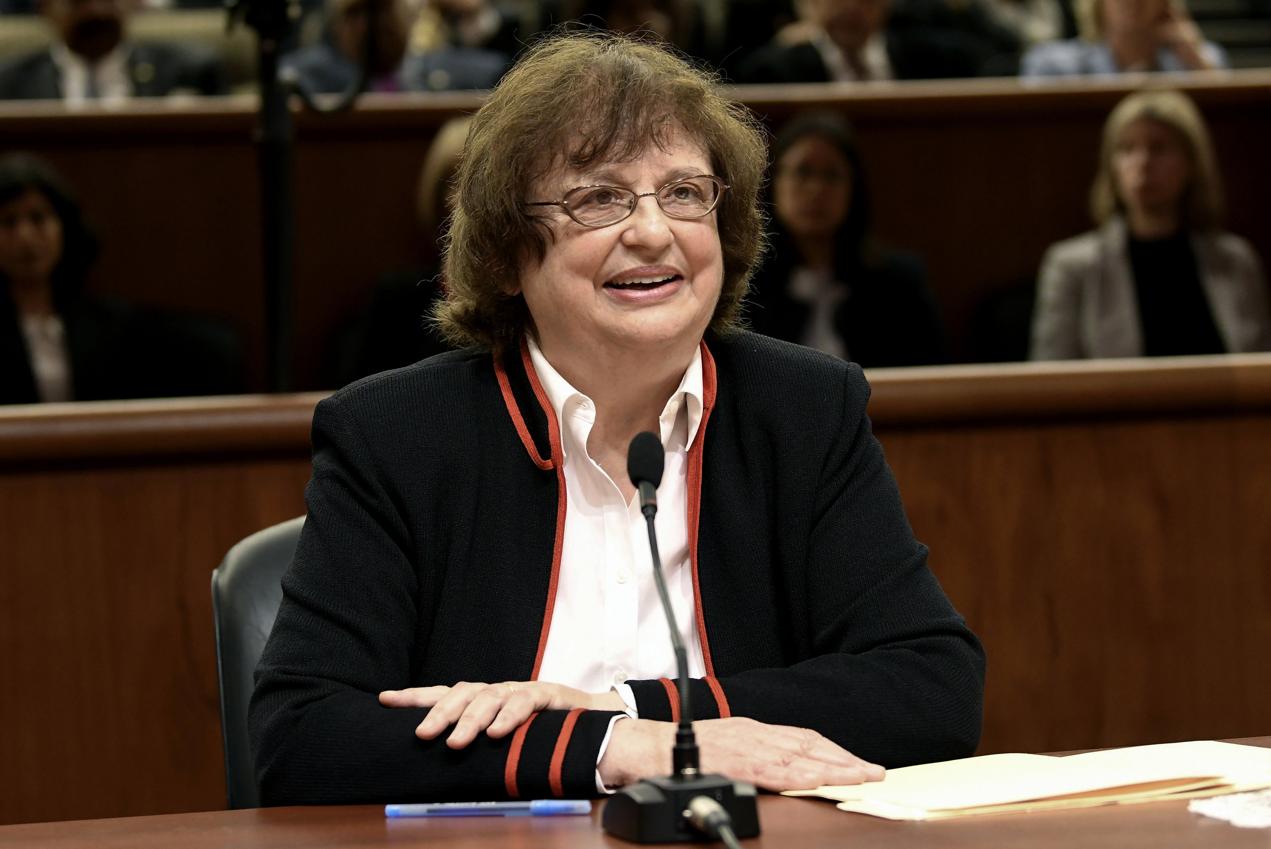 Barbara Underwood speaks to legislative leaders in Albany in May 2018. AP Photo/Hans Pennink, File.