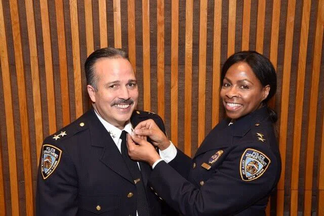 Assistant Chief Martin Morales, the new Borough Commander of Patrol Borough Queens North (left) and former Assistant Chief Juanita Holmes. Photo via NYPD Queens North Borough Command/Twitter.