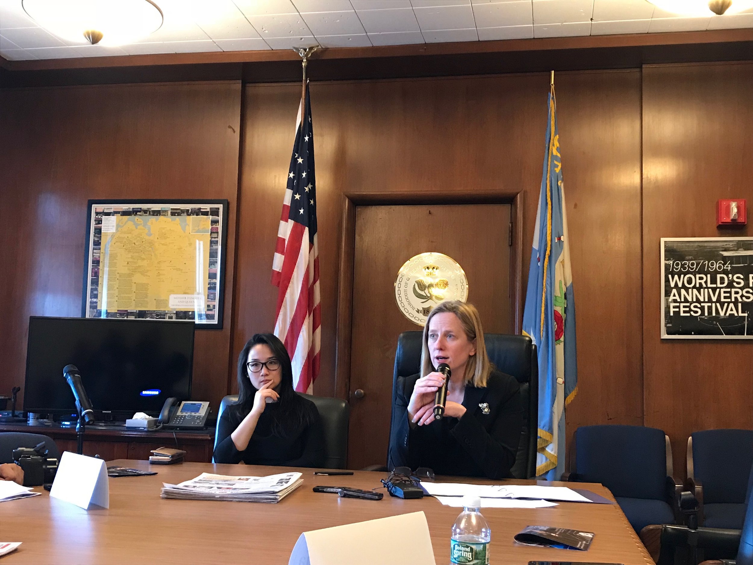Borough President Melinda Katz (right) and Deputy Borough President Sharon Lee spoke with members of the Queens media Tuesday afternoon in Borough Hall. Eagle photo by David Brand.