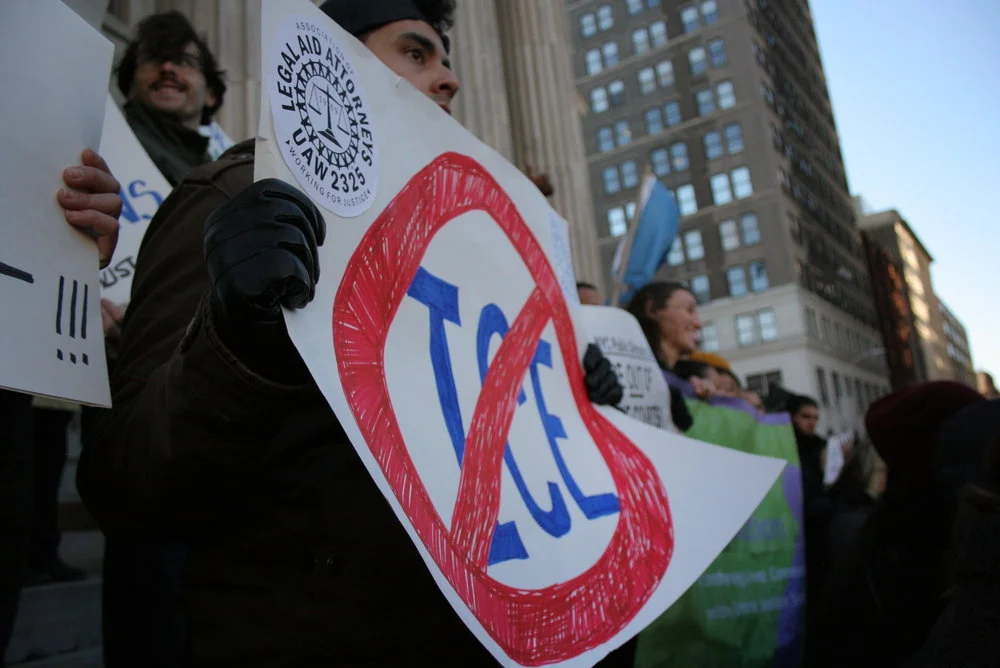 Demonstrators protest ICE courthouse arrests in Downtown Brooklyn. Photo courtesy of the Immigrant Defense Project.