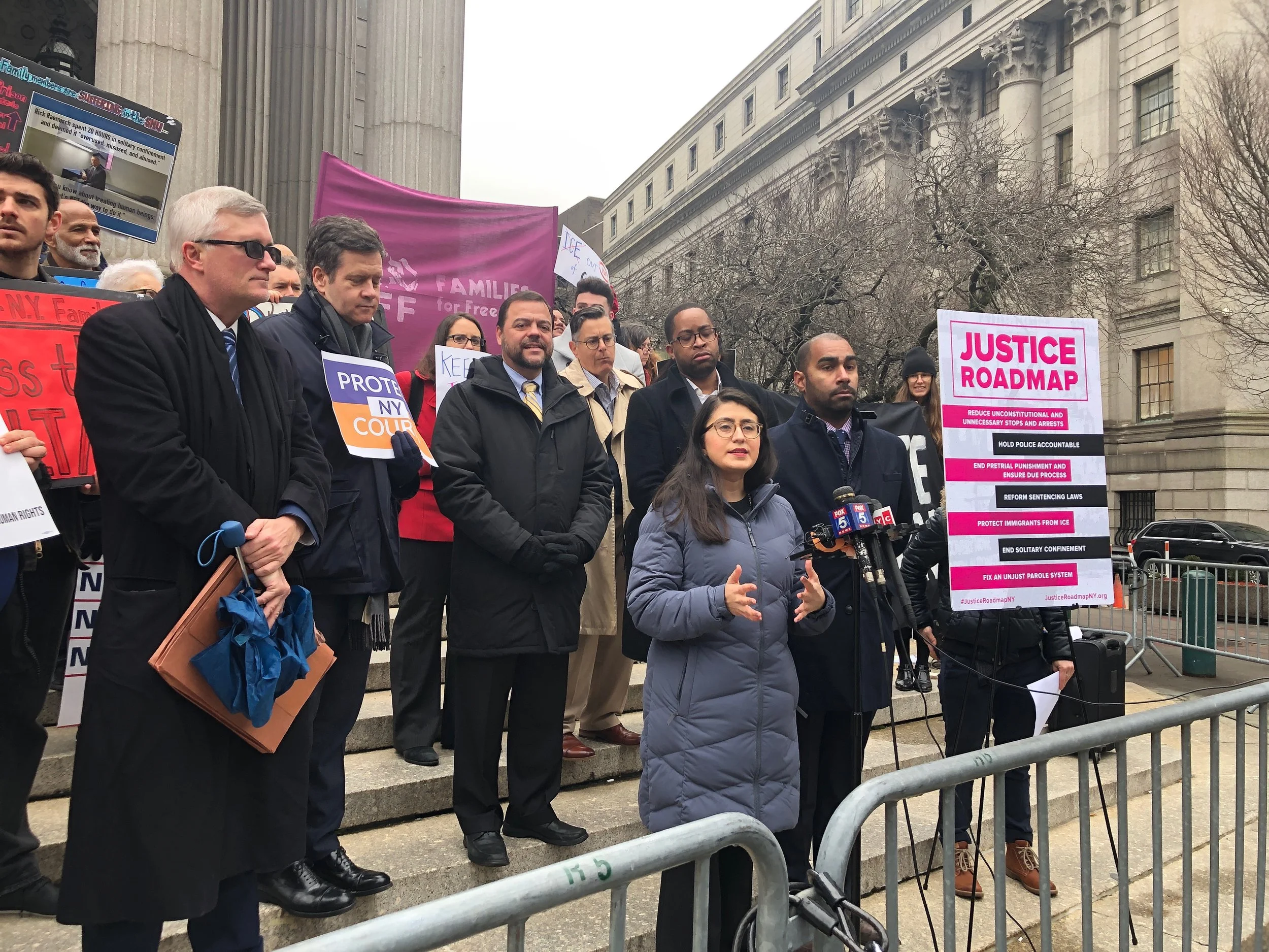 State Sen. Jessica Ramos from Queens’ District 13 speaks in support of the “Justice Roadmap,” a slate of criminal justice reform bills and priorities developed by a coalition of community groups. Photo via Ramos’ Office
