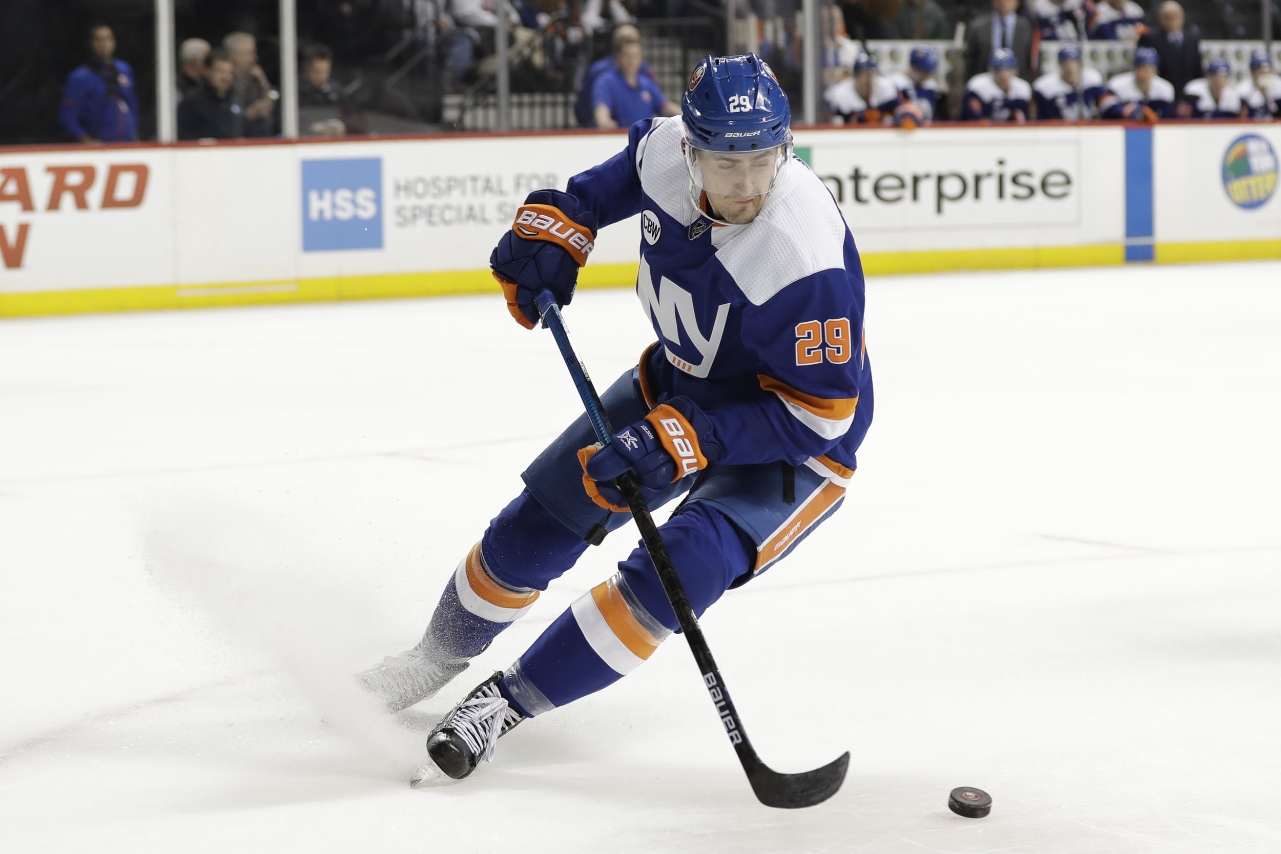 New York Islanders' Brock Nelson could be skating at a new home arena in Elmont, NY, just over the Queens border, in a few years. AP Photo/Frank Franklin II.