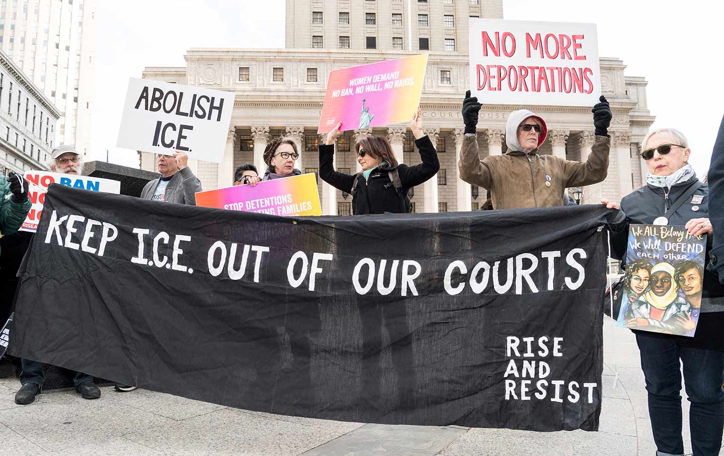 Demonstrators oppose ICE agents entering New York Courts. Sipa via AP Images/Michael Brochstein, File.
