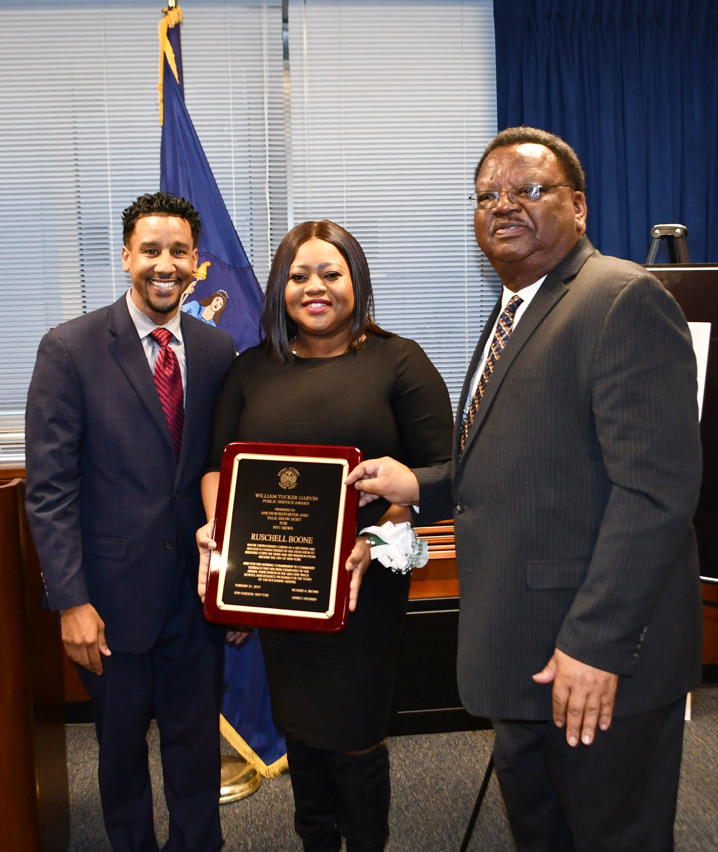 DA Brown Presents Garvin Public Service Award to NY1 Reporter Ruschell Boone