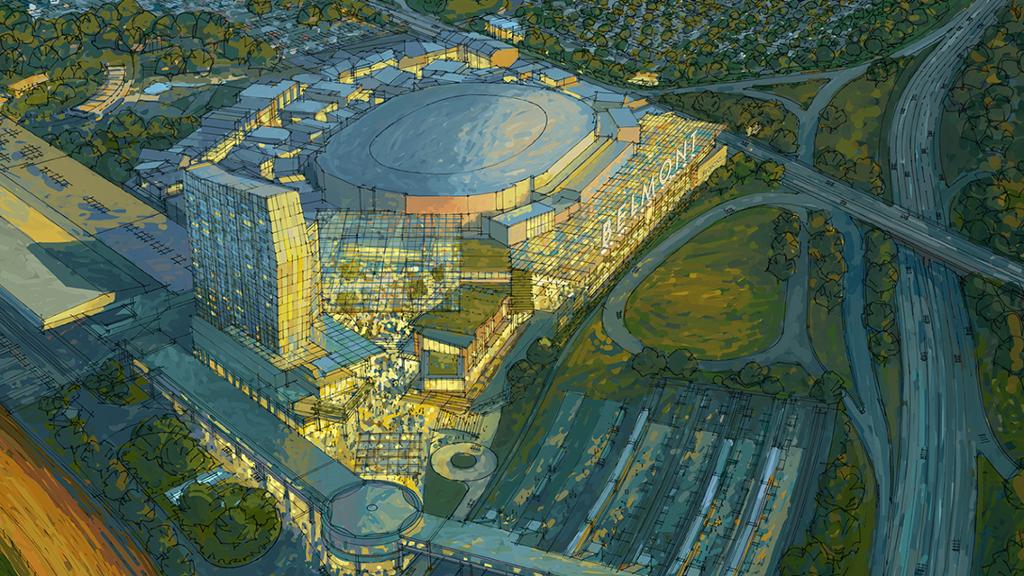The proposed arena would be located along the Cross Island Parkway and Hempstead Turnpike, steps from the Queens border. Rendering via the New York Islanders.