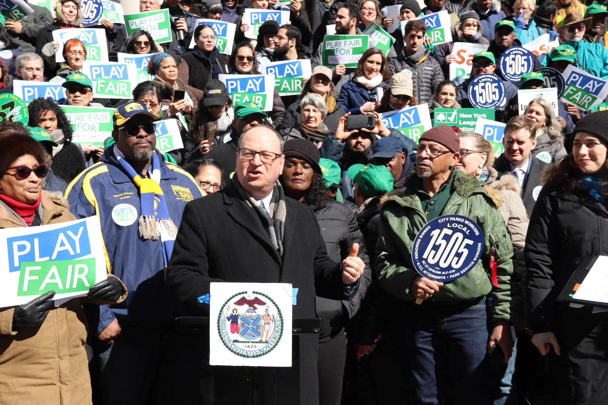 Councilmember Barry S. Grodenchik led a City Hall rally to demand more money for Queens’ and the rest of the city’s parks and green spaces. Photo courtesy of Councilmember Barry S. Grodenchik’s office.