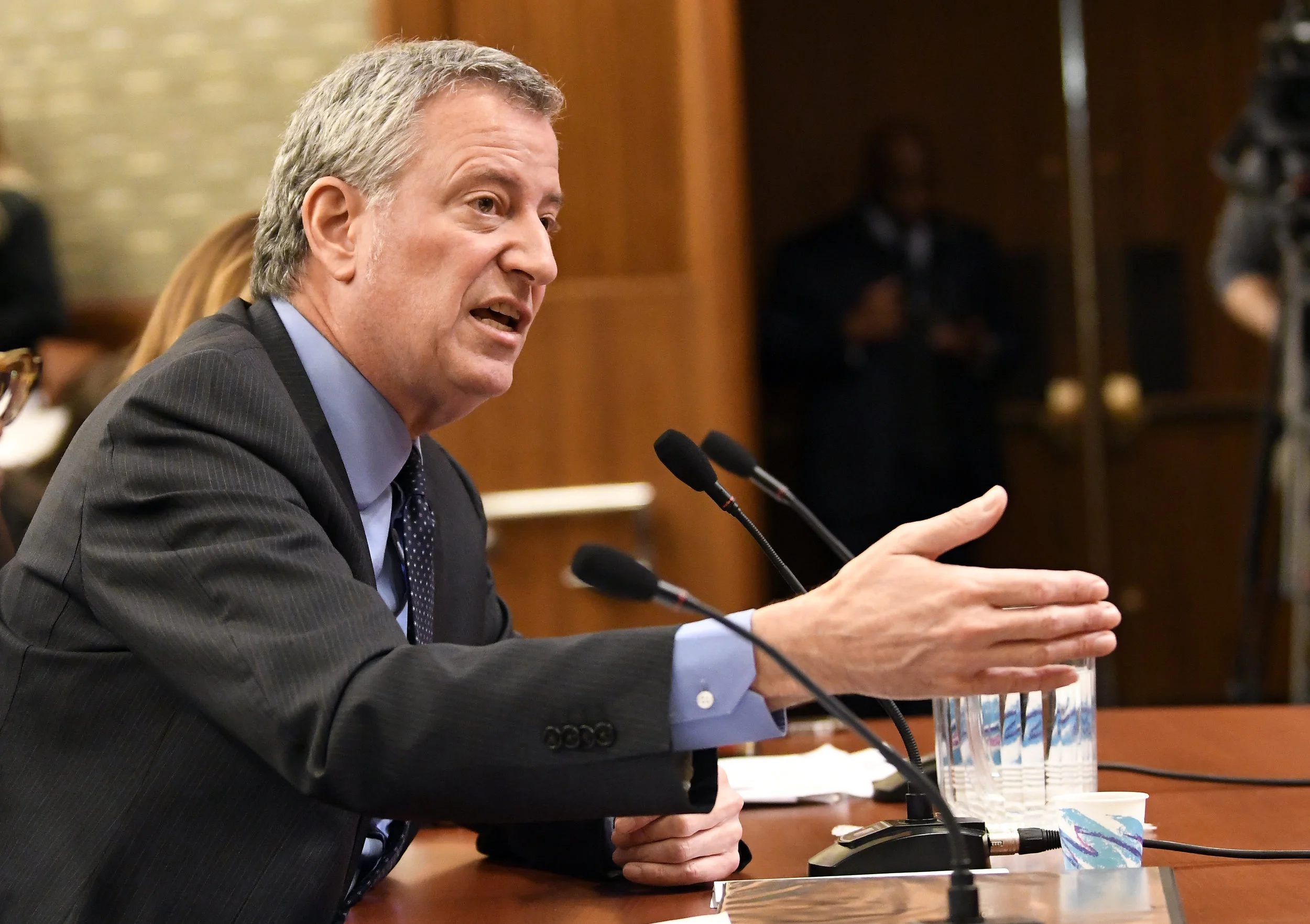 Mayor Bill de Blasio testifies during a joint legislative budget hearing on local government. (AP Photo/Hans Pennink).