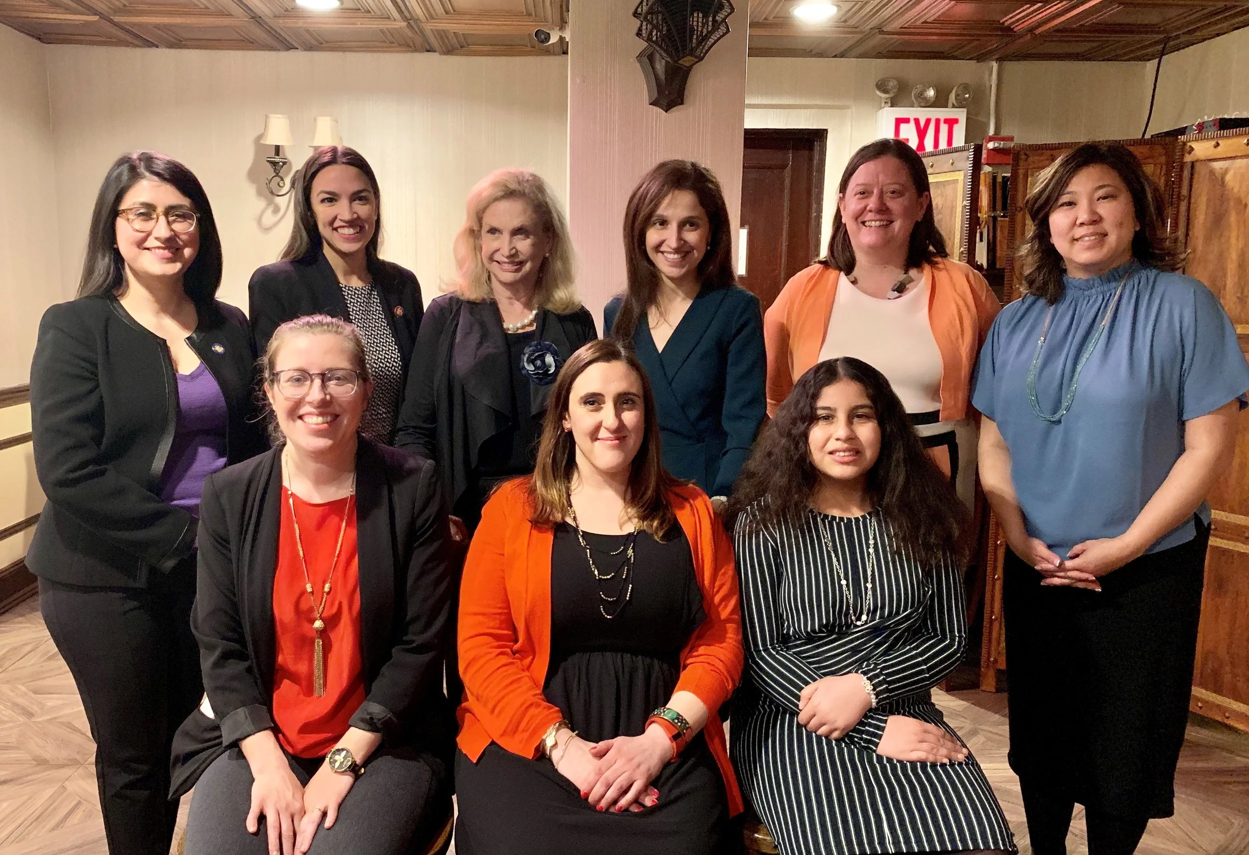 Back row, from left: State Sen. Jessica Ramos, U.S Rep. Alexandria Ocasio-Cortez, U.S. Rep. Carolyn Maloney, Assemblymember Aravella Simotas, honoree Julie Schweitert Collazo and honoree U.S.Rep. Grace Meng. Front row, from left: Honorees Megan Stotts, Julia Sorrentino and Angela Garvin. Photo courtesy of Simotas’ office.