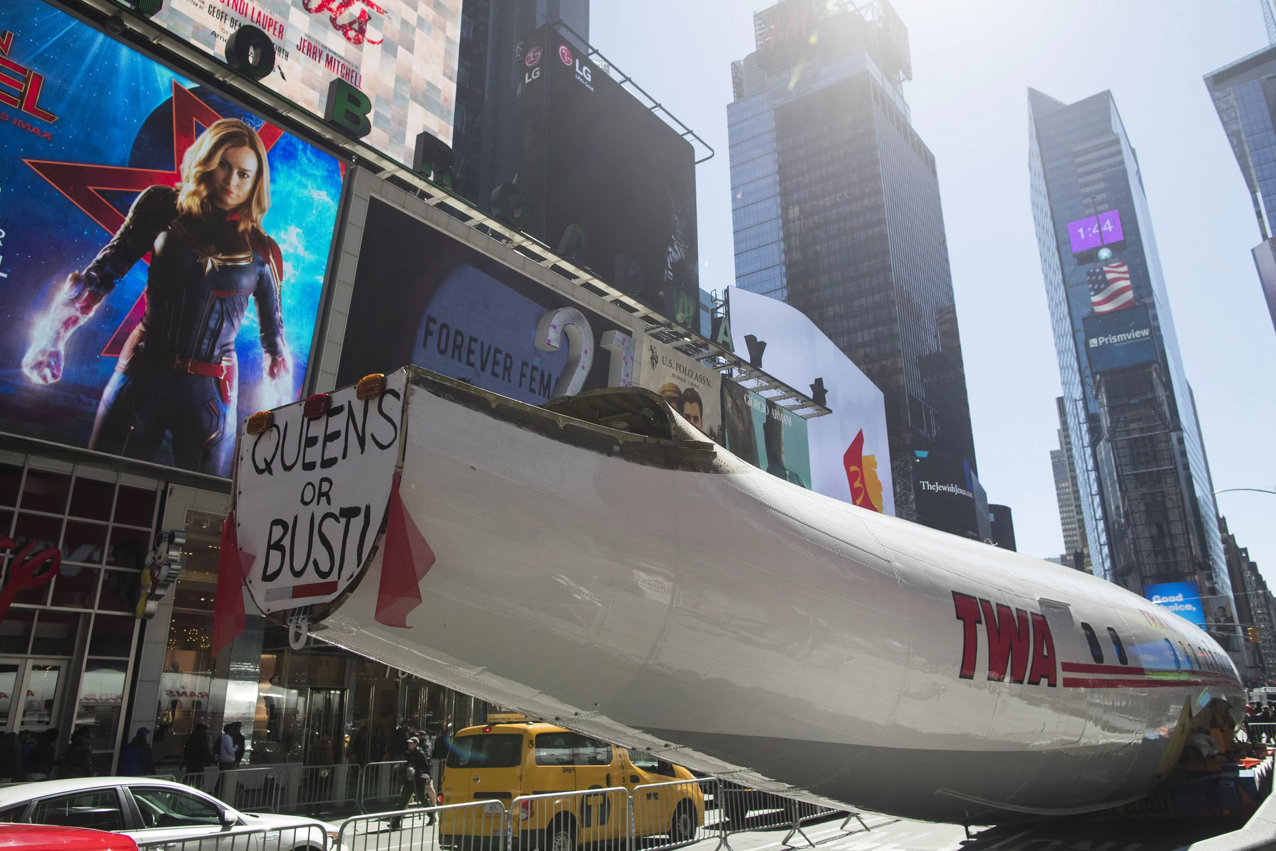 A Lockheed Constellation L-1649A Starliner, known as the "Connie,” was parked in Times Square on Saturday. The vintage commercial airplane will serve as the cocktail lounge outside the new TWA Hotel at JFK airport. AP Photos/Mary Altaffer.