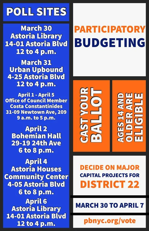 District 22 residents can vote in the Participatory Budgeting Ballot online or at these poll sites. Image courtesy of Councilmember Costa Constantinides.