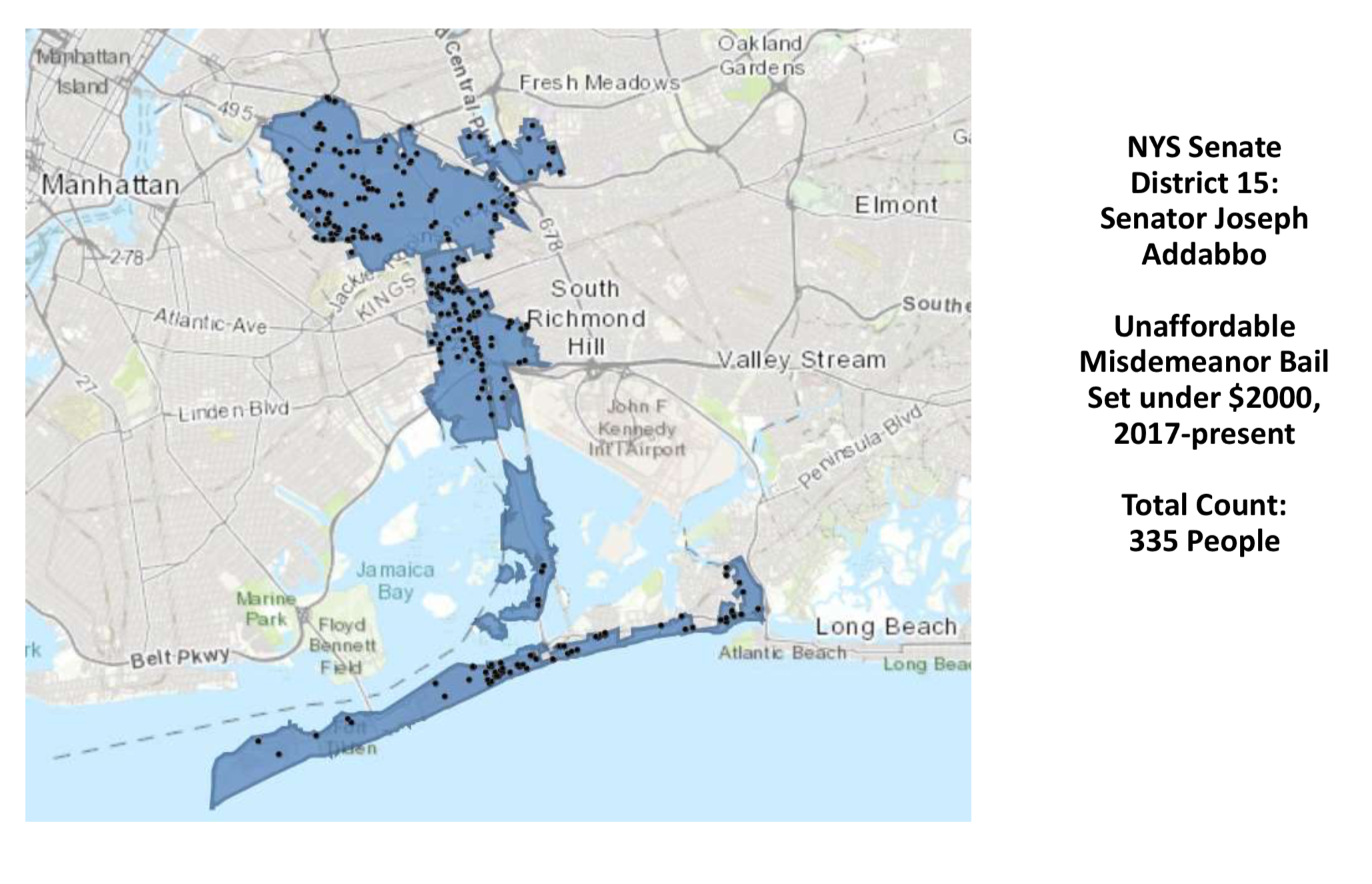 At least 335 people from District 15 were arrested for misdemeanors and had bail set at $2,000 or less since 2017, according to Legal Aid’s data. Map courtesy of Legal Aid