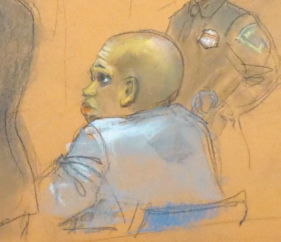 Chanel Lewis sits in the courtroom during his November trial, which ended in a split jury. Eagle court sketch by Alba Acevedo