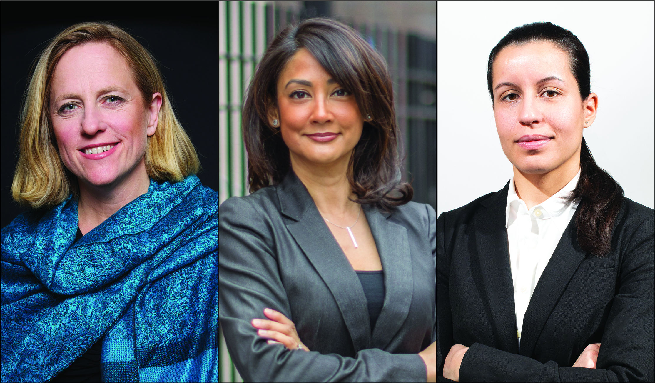 Borough President Melinda Katz (left), former Queens prosecutor Mina Malik (center) and public defender Tiffany Cabán were the first three candidates to file their petitions to appear on the June 25 primary ballots. Photos courtesy of the Katz, Malik and Cabán campaigns.