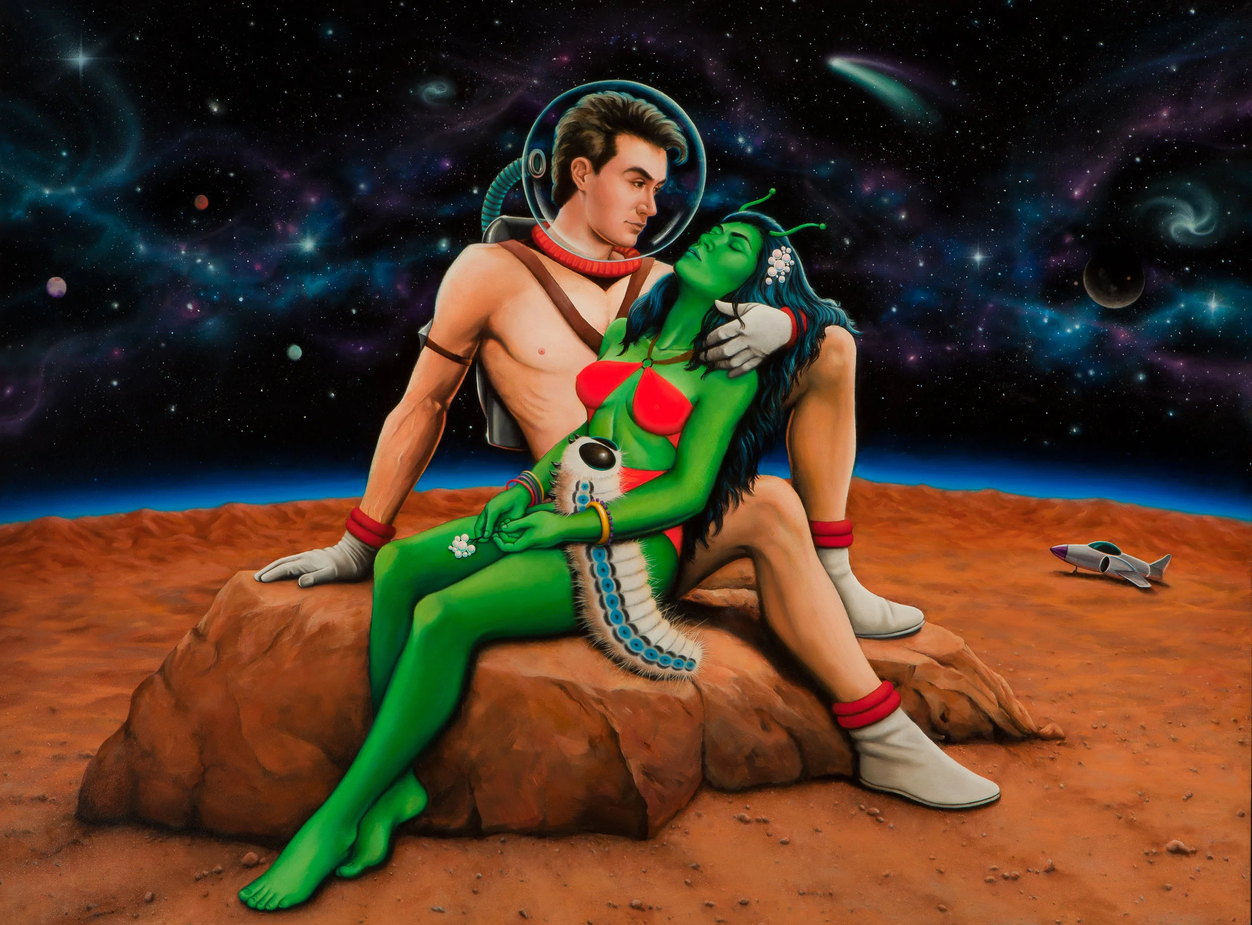 A scene from “Amor Alien.” Photo by Nikolay Maslov, courtesy of UCR ARTS. Laura Molina, Amor Alien, 2004. Collection of the National Museum of Mexican Art, Chicago.