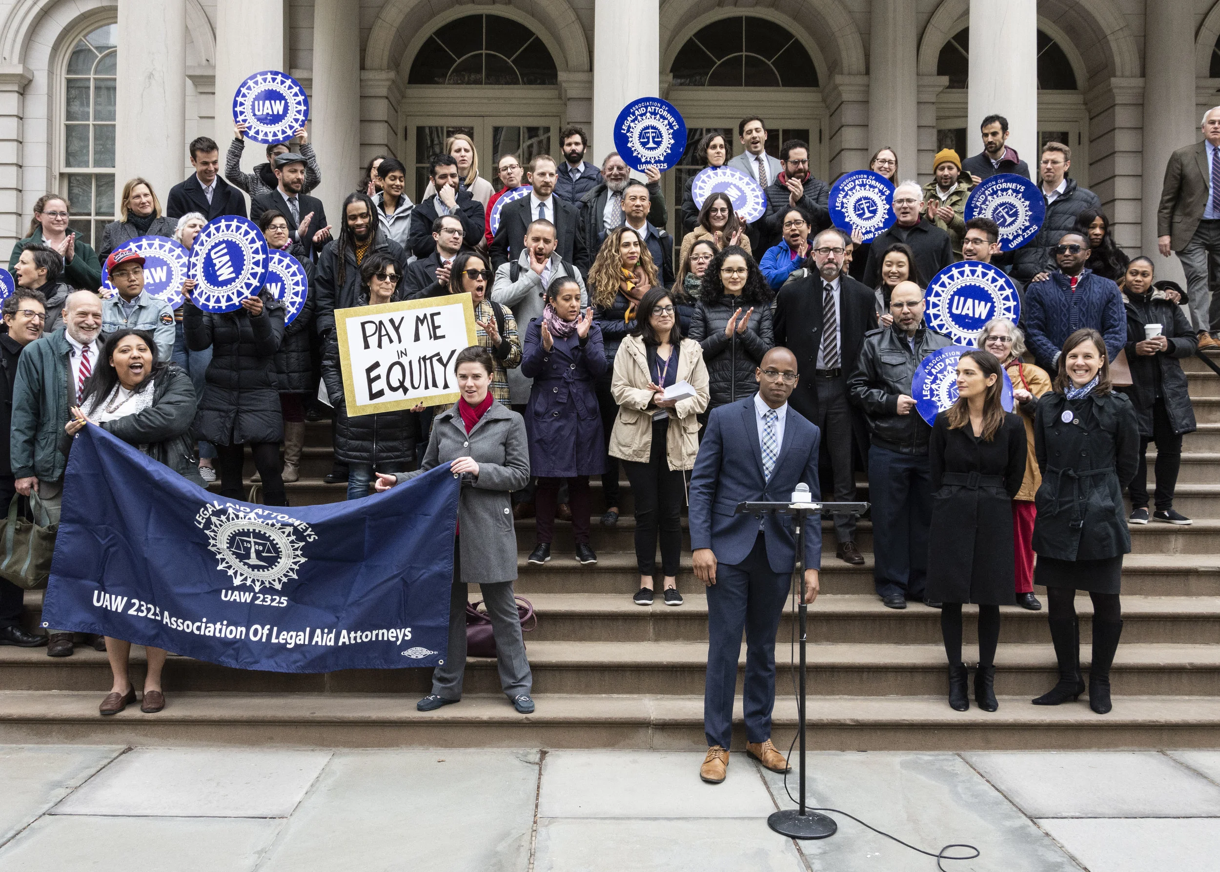 Association of Legal Aid Attorneys President Jared Trujillo participates in a rally for pay parity at City Hall. Photos courtesy of Legal Aid.