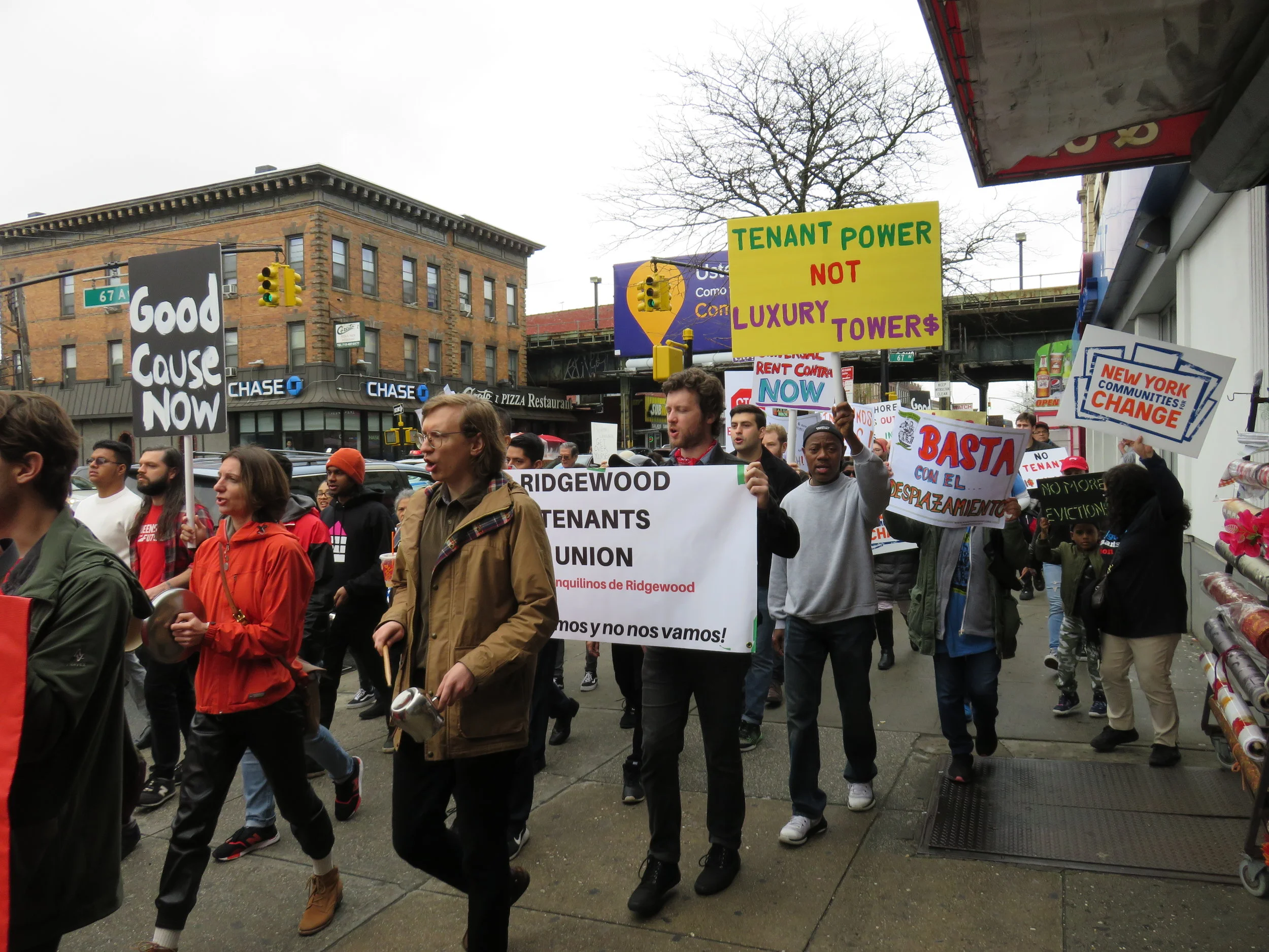 Demonstrators demand the state legislature pass a slate of bills designed to protect tenants from rising rents.