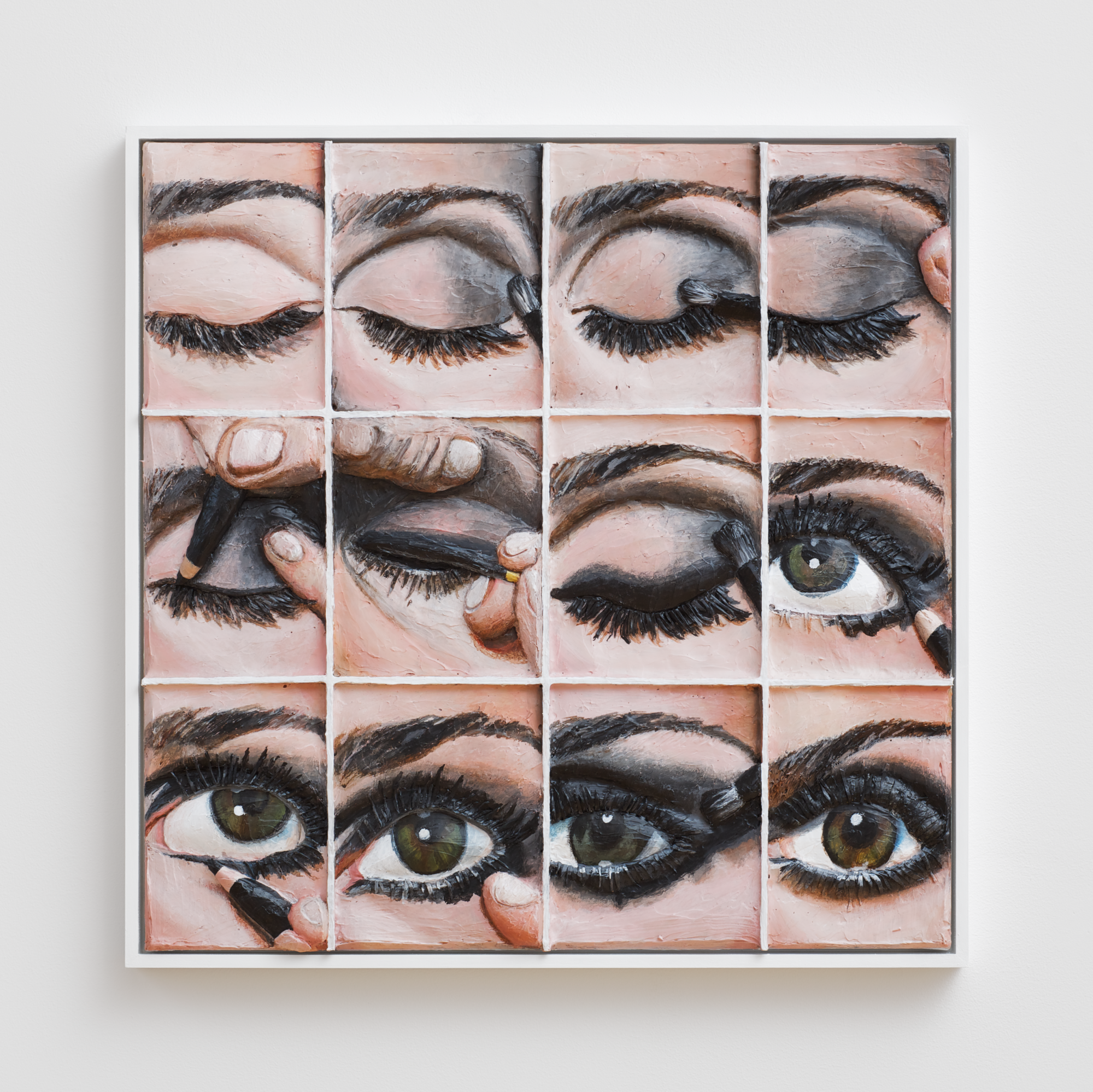 A work on display in “The Life I Deserve.” Gina Beavers. Smoky Eye Tutorial. 2014. Acrylic and wood on canvas panel. Image courtesy of the artist.