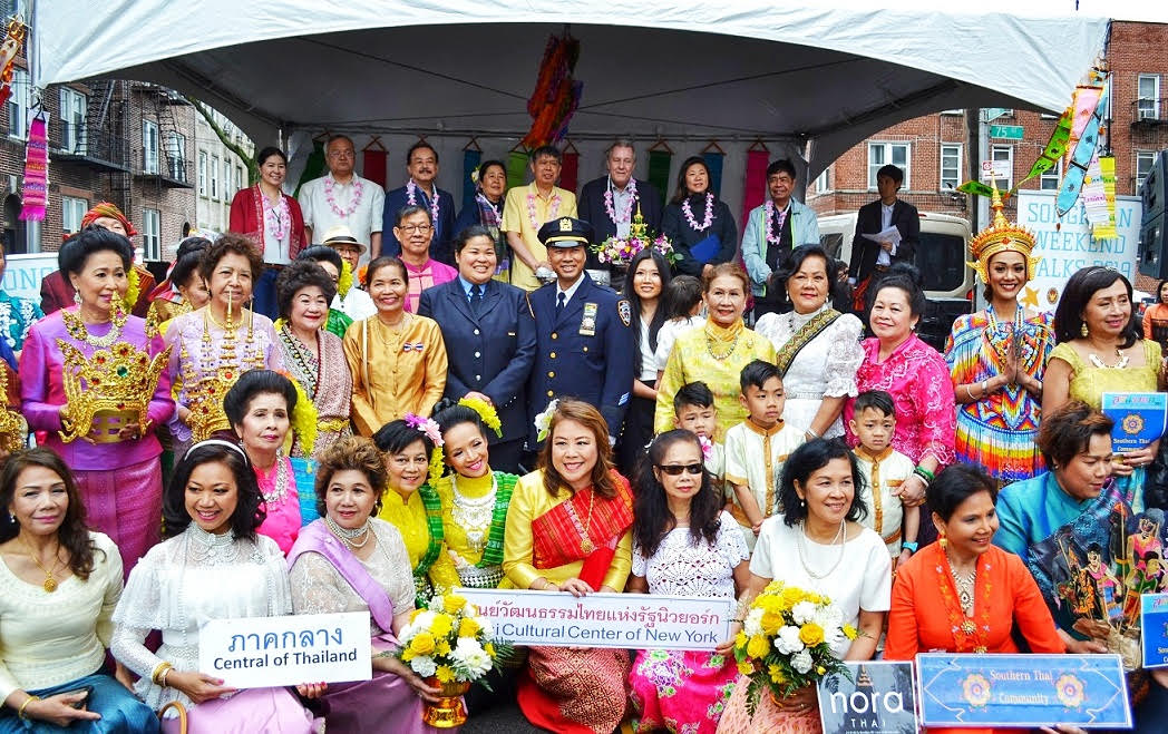 Back row, center, from left to right: Royal Thai Consul General Nipon Petchpornprapas, Councilmember Daniel Dromm, U.S. Rep. Grace Meng and Philippine Consul General Claro S. Cristobal ring in the new year with residents representing every region of Thailand at the Fourth Annual Thai New Year Festival and Street Fair in Elmhurst. Photo courtesy of Councilmember Daniel Dromm’s Office.