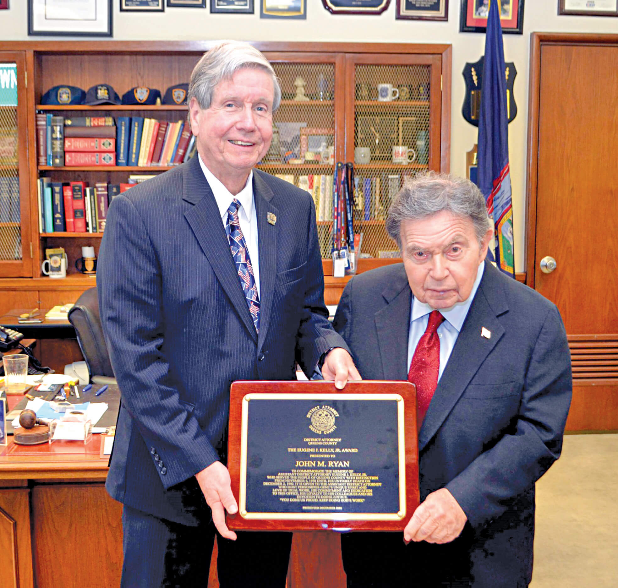 Chief Assistant District Attorney John Ryan (left with DA Richard Brown) wrote his third “Report to the People of Queens” on Monday. Photo via the Queens’ DA’s Office.
