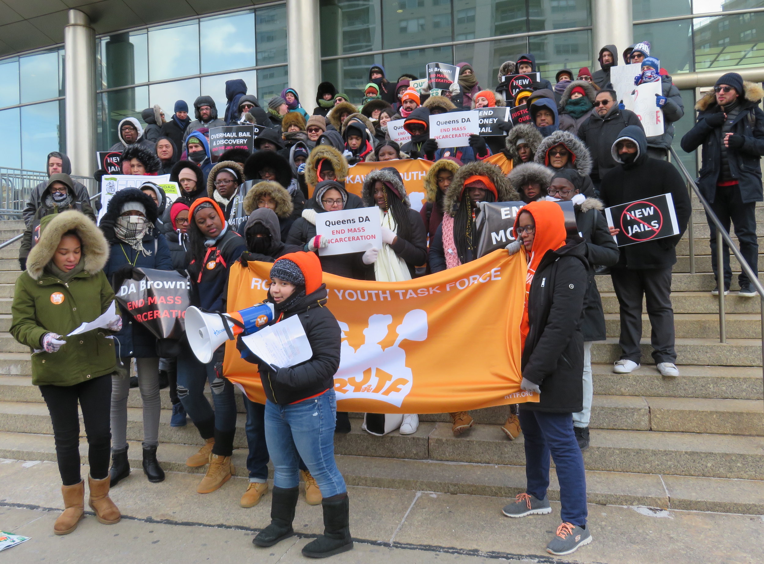 Members of VOCAL-NY and other grassroots organization advocate for justice reform measures in the Queens DA’s office outside the Queens Criminal Courthouse in January Eagle photo by David Brand.