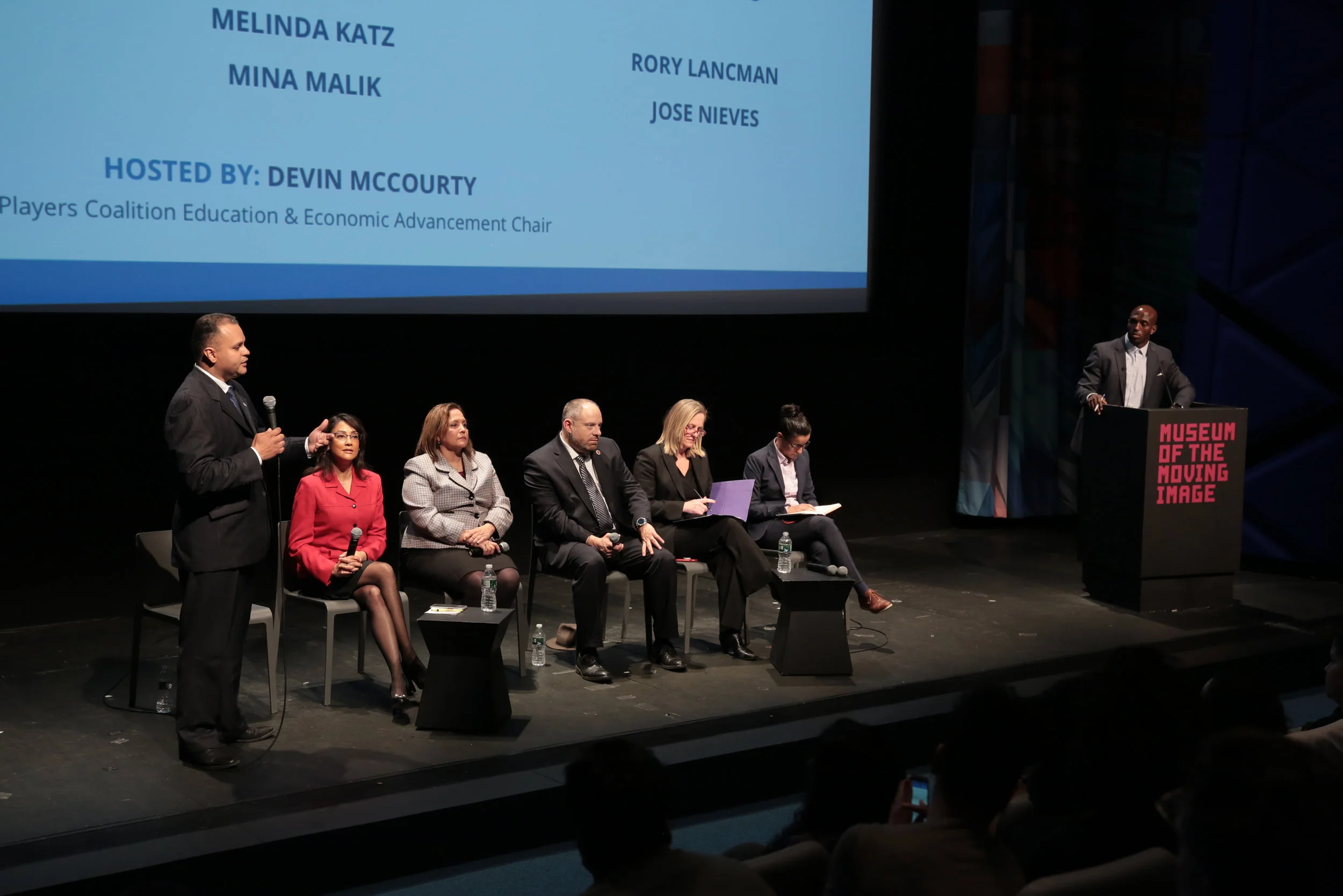 McCourty (right) moderated the forum on May 1, which featured six of the seven candidates for Queens DA: public defender Tiffany Cabán, Queens Borough President Melinda Katz, Councilmember Rory Lancman, attorney Betty Lugo, former Queens prosecutor Mina Malik and former Attorney General’s office prosecutor Jose Nieves.
