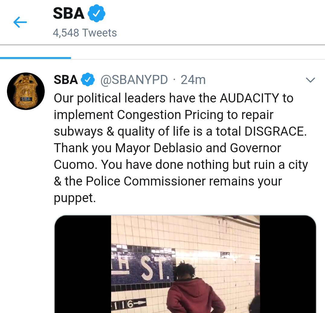 Police union tweets bizarre, X-rated porn clip to criticize congestion pricing