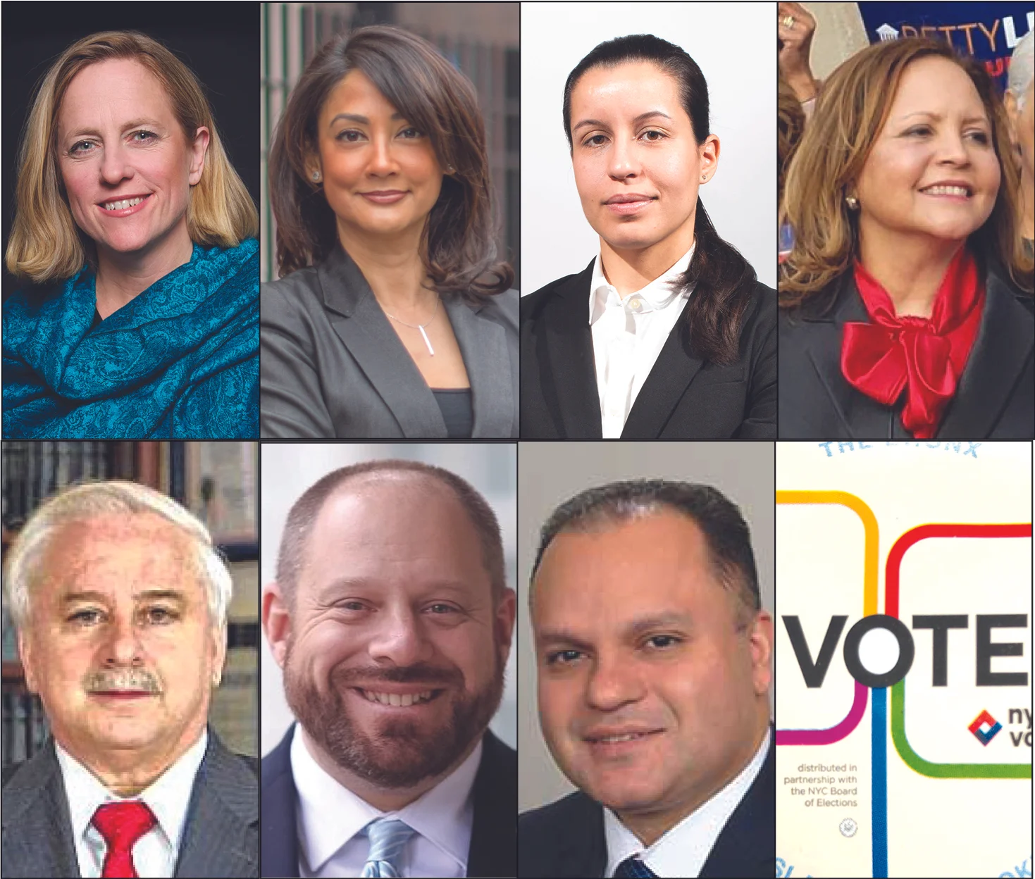 The seven Democratic candidates for Queens DA have raised millions of dollars, according to campaign finance disclosure reports filed last week. Photos via the campaigns