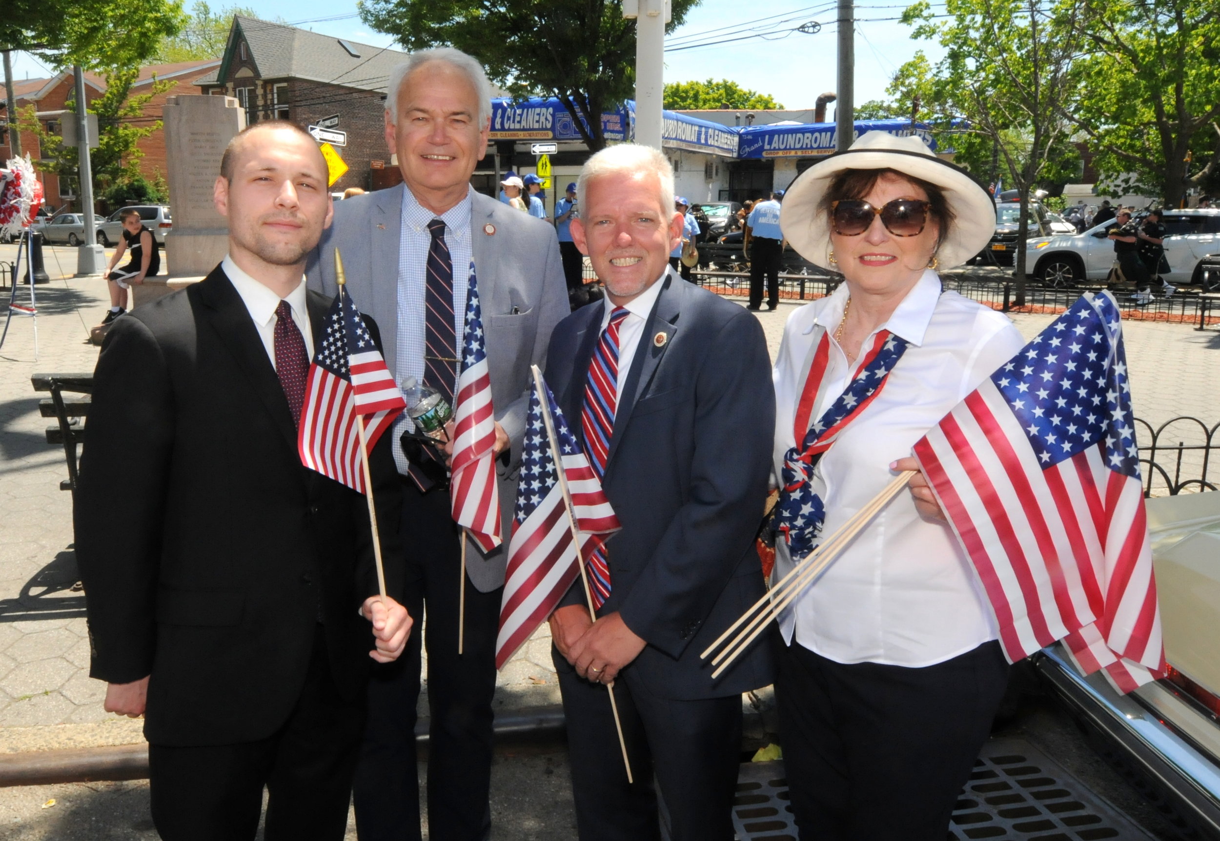  From left to right, Assemblymember Brian Barnwell, Councilmember Robert Holden, Councilmember Jimmy Van Bramer and Maryanna Zero, the president of the United Veterans and Fraternal Organizations of Maspeth.   