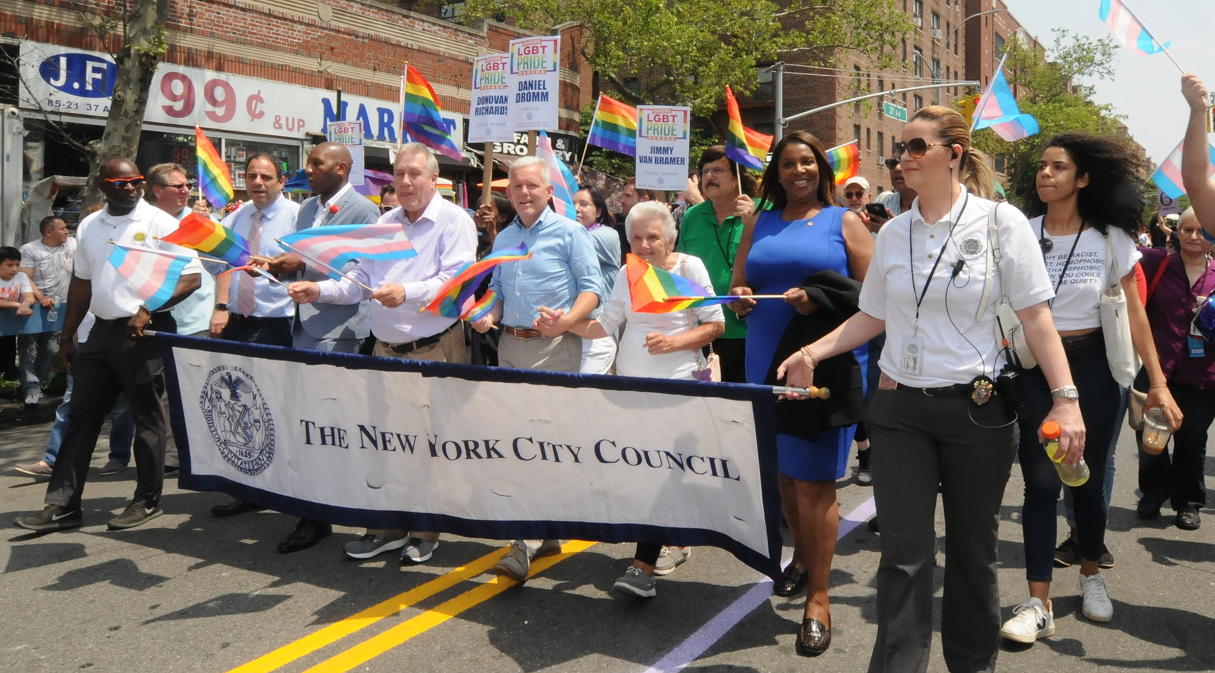  From left to right, Councilmembers Costa Constantinides, Brad Lander, Donovan Richards, Daniel Dromm and Jimmy Van Bramer and New York Attorney General Letitia James. 