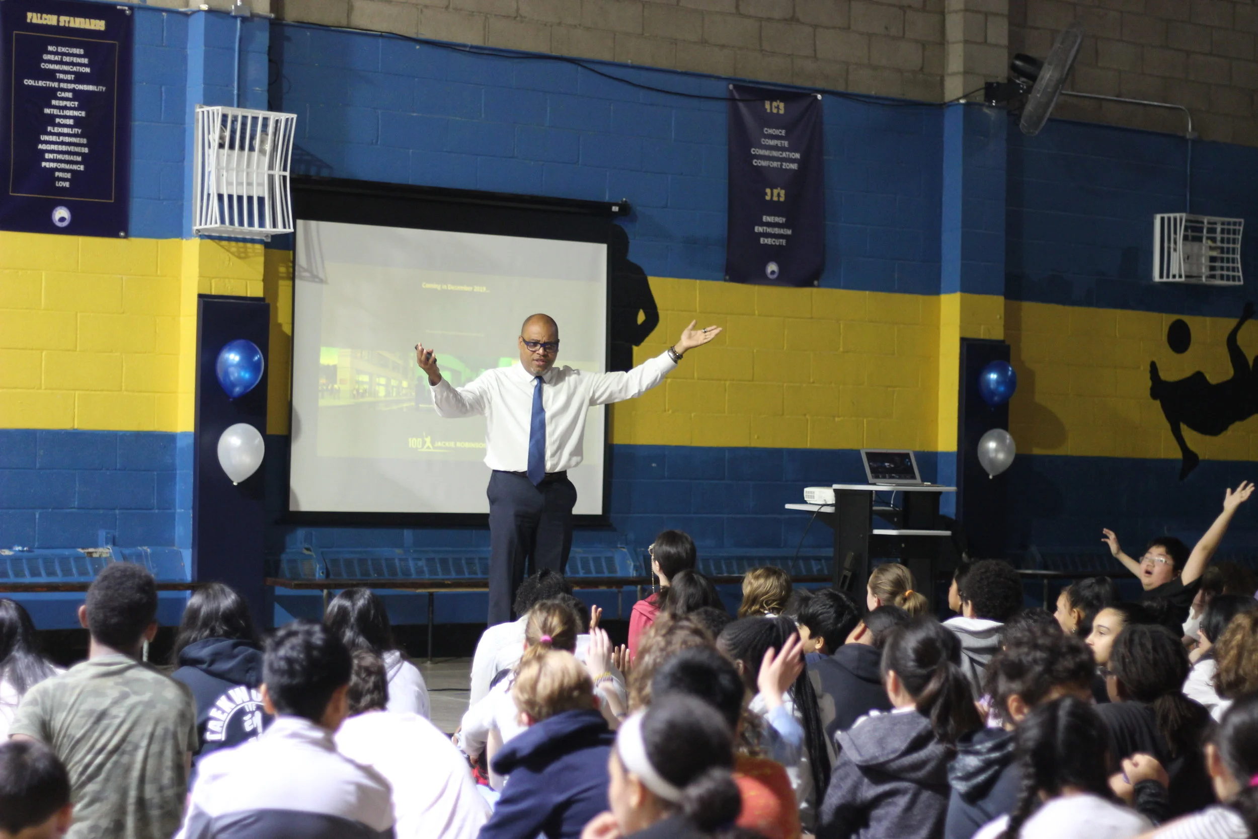 Ivo Philbert, vice president of the Jackie Robinson Foundation, spoke at Our World Neighborhood Charter School. Eagle photos by Victoria Merlino.