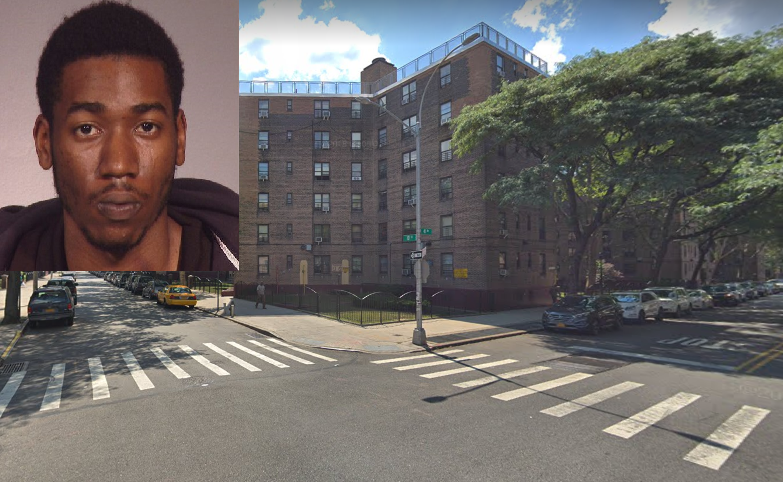Snooze Brown was in the middle of a heated fight with his girlfriend in Long Island City when he pulled out a gun and shot it multiple times, “accidentally” striking a teacher. Inset photo via the NYPD. Background photo via Google Maps.
