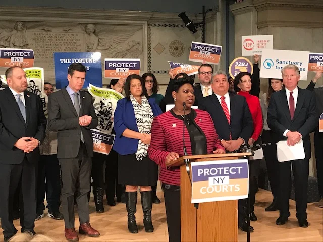 Bronx DA Darcel Clark advocates for the passage of the Protect Our Courts Act at a rally earlier this year. Photo courtesy of the IDP.