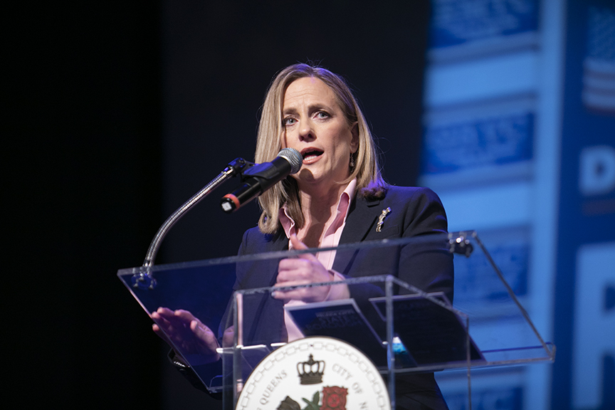 Melinda Katz delivers the State of the Borough address earlier this year. Photo courtesy of Queens Borough President Melinda Katz.