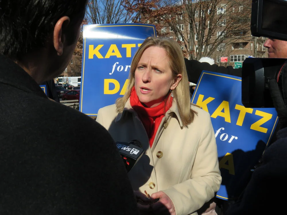 Melinda Katz talks to the press at her campaign kickoff event last year. Eagle file photo by David Brand