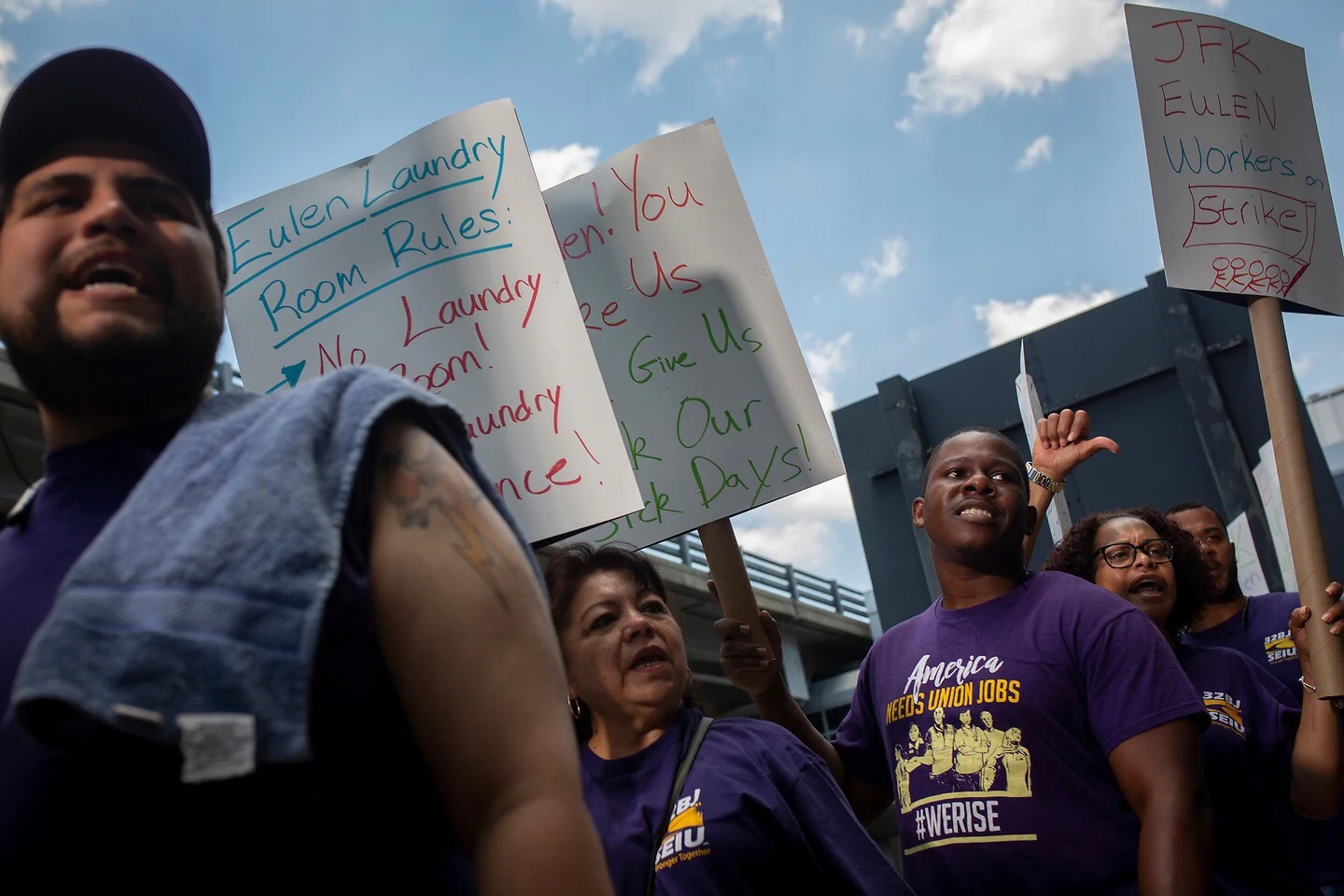 Employees of Eulen America strike for better conditions at JFK Airport. Photo via 32BJ SEIU