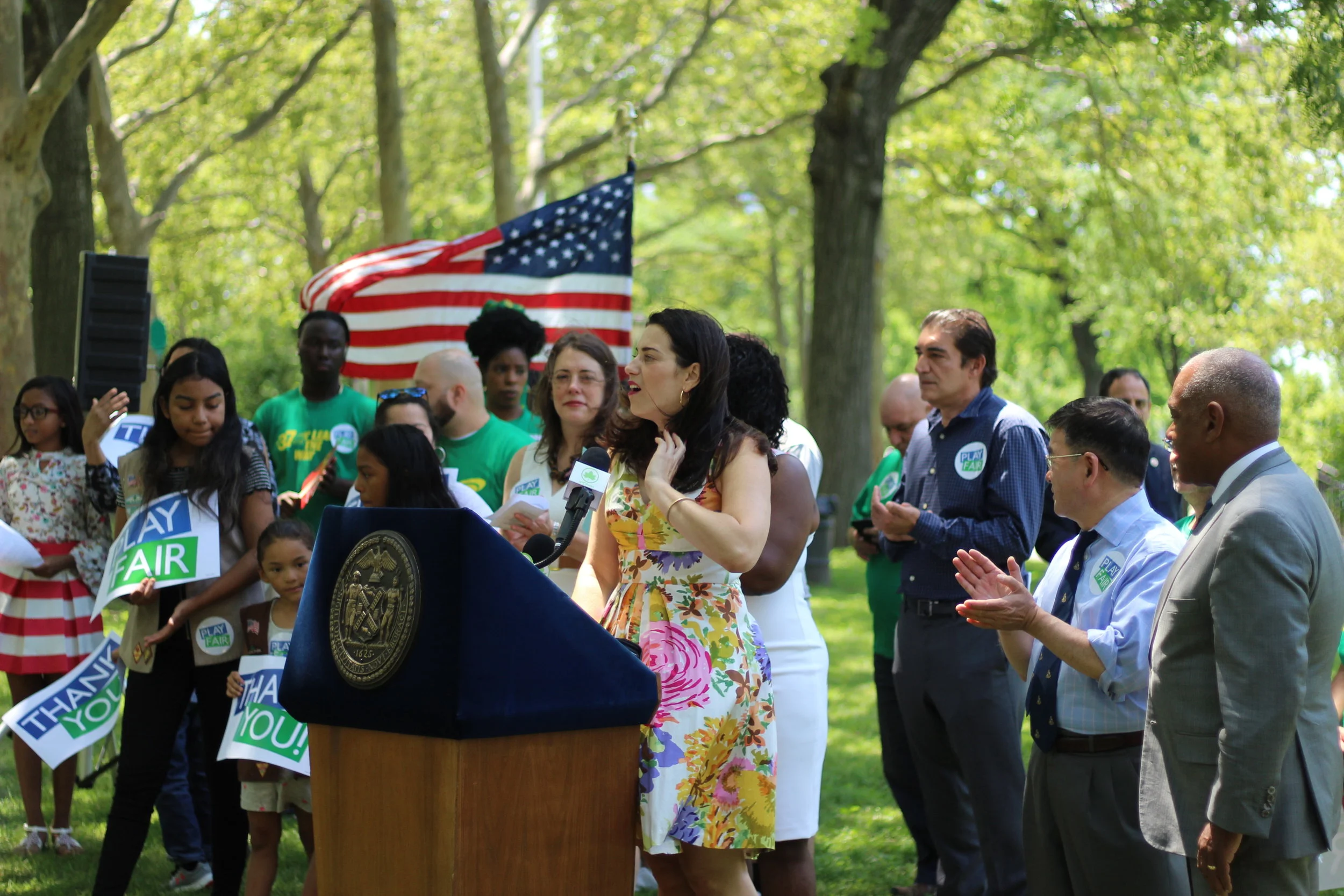 New Yorkers for Parks Executive Director Lynn Kelly addresses the crowd.