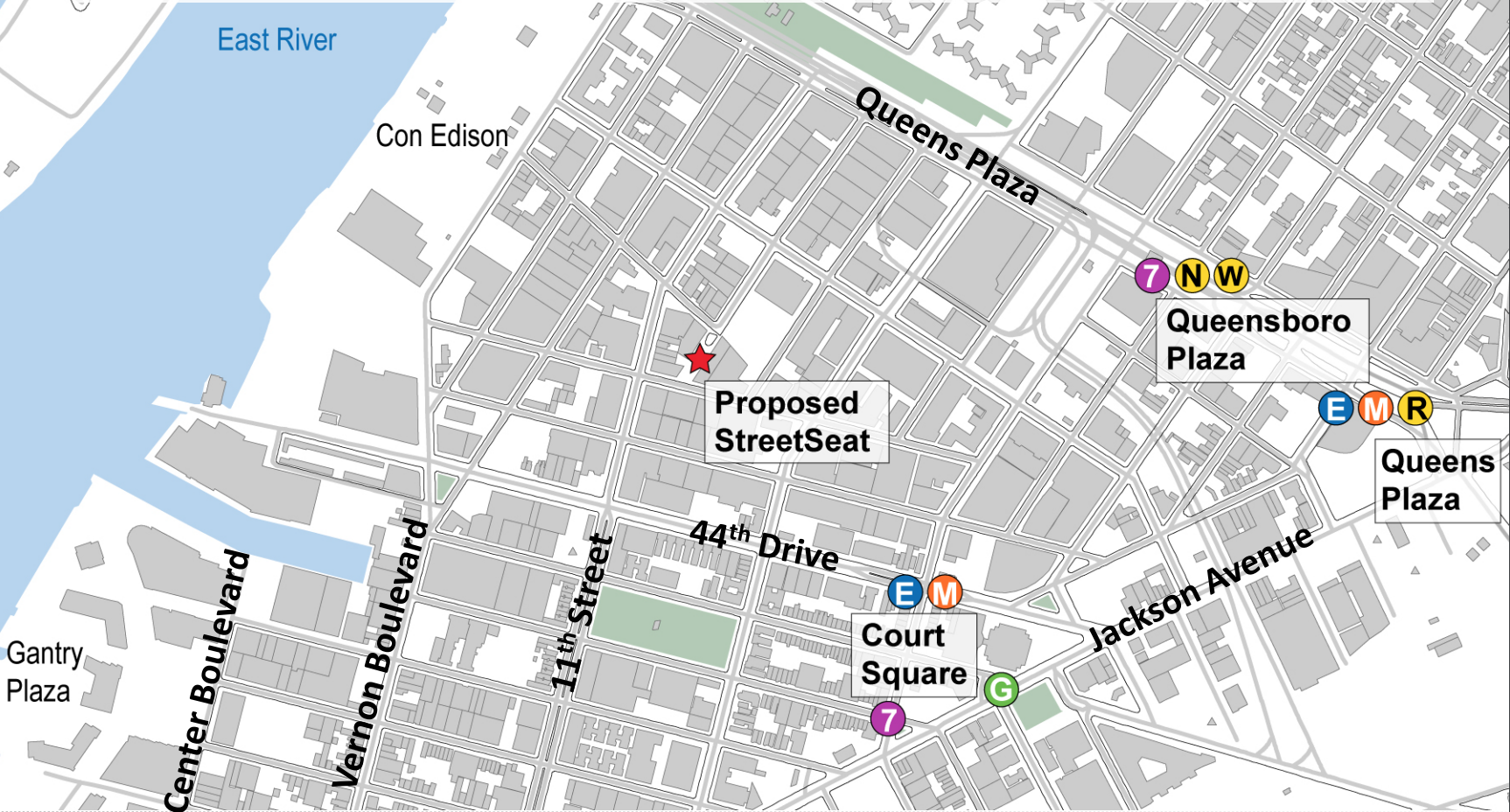 Images show the current state of 12th Street, between 43rd Road and 44th Avenue and the result of the pedestrian-only redesign. Image via the NYCDOT.