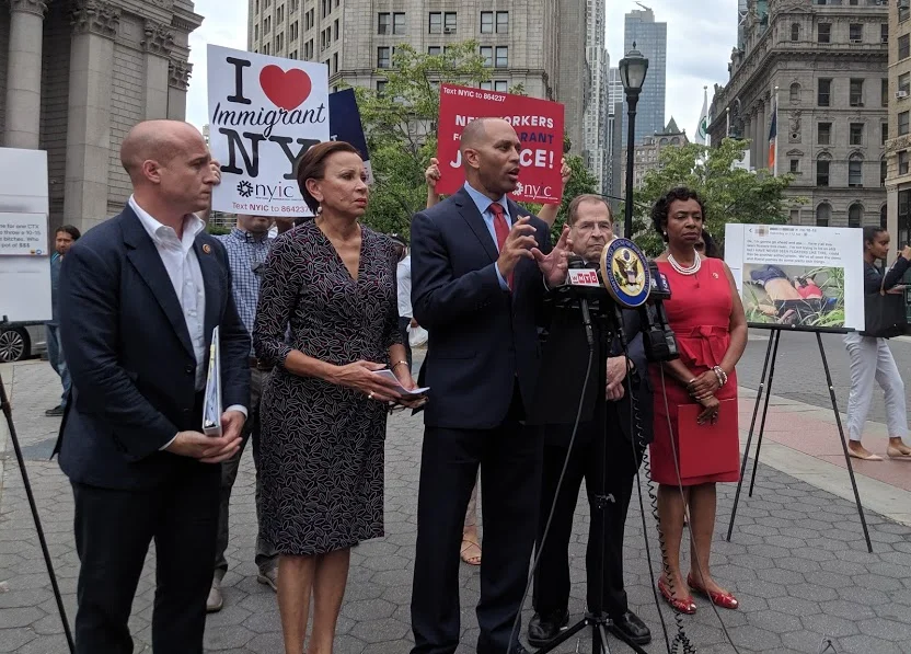 U.S. Rep. Hakeem Jeffries (center) denounces discriminatory immigration enforcement agents alongside U.S. Rep. Max Rose (left), U.S. Rep. Nydia Velazquez (second from left), U.S. Rep. Jerry Nadler (second from right) and U.S. Rep. Yvette Clark (right). Eagle photo by Phineas Rueckert