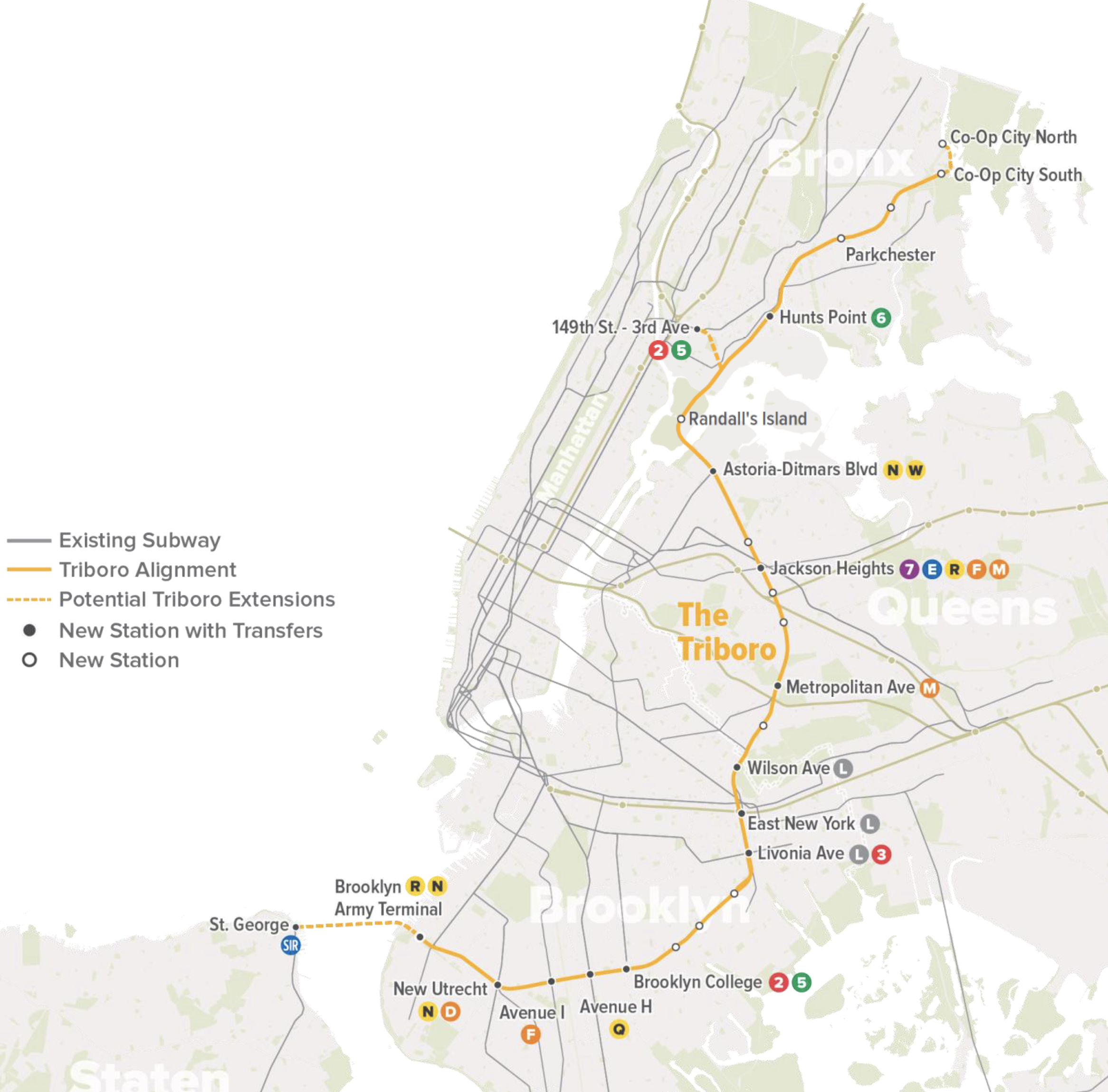 The Triboro would be an above-ground rail stretching 24 miles from Co-op City in the Bronx to Bay Ridge in Brooklyn, with seven stops in Queens. Maps courtesy of the RPA.