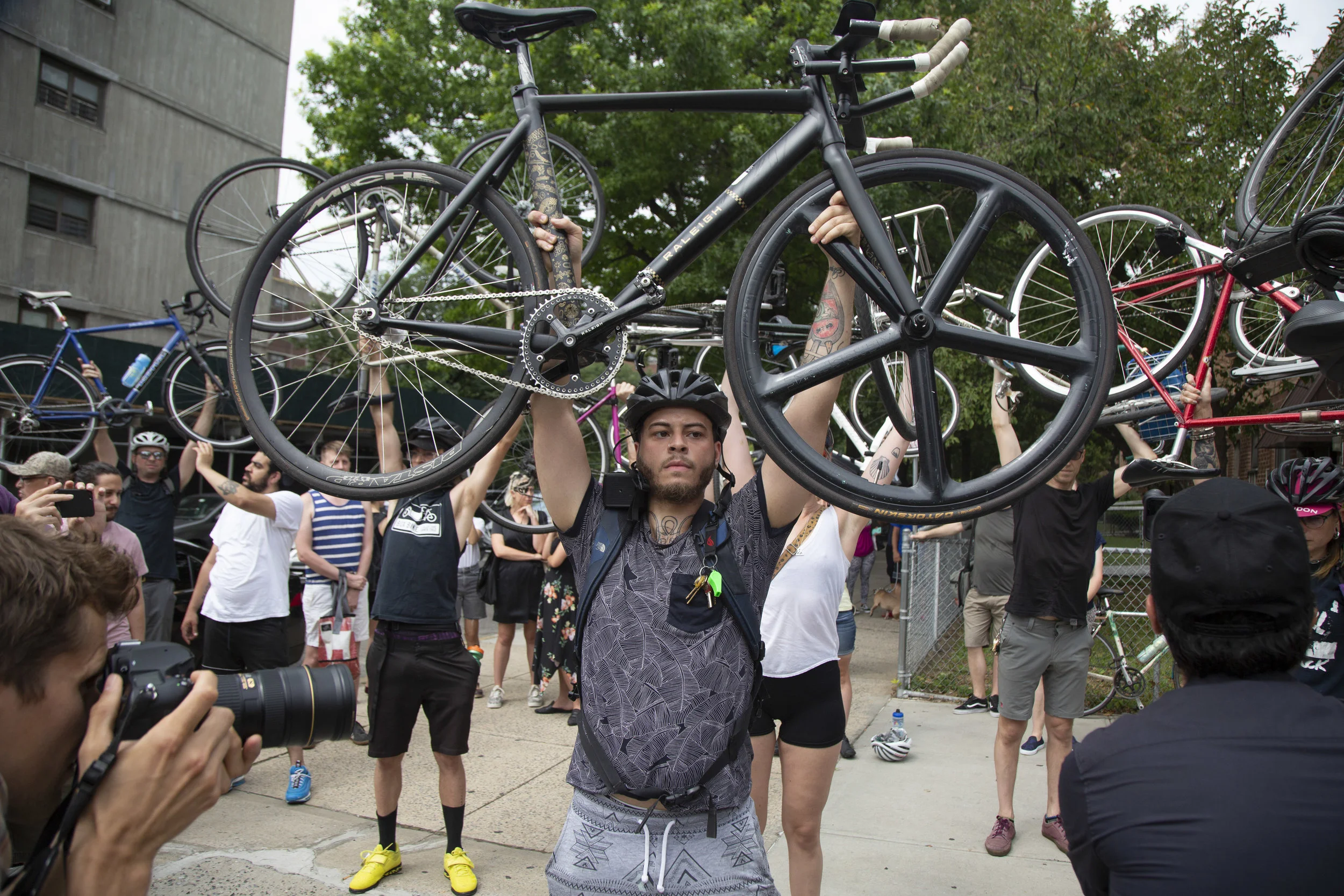 A cyclist attends the vigil for Devra Freelander, 28, who was struck and killed by a cement truck at the intersection of Bushwick Avenue and Boerum Street on July 1. Freelander was the 15th cyclist killed in New York City in 2019. Photo by John McCarten
